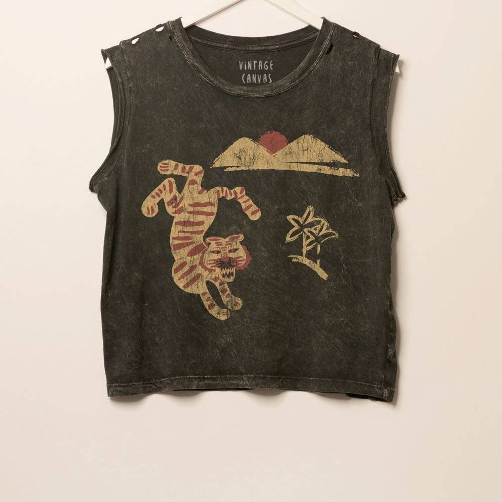 Sunset Mountaintop Tiger Distressed Graphic Tee Tops
