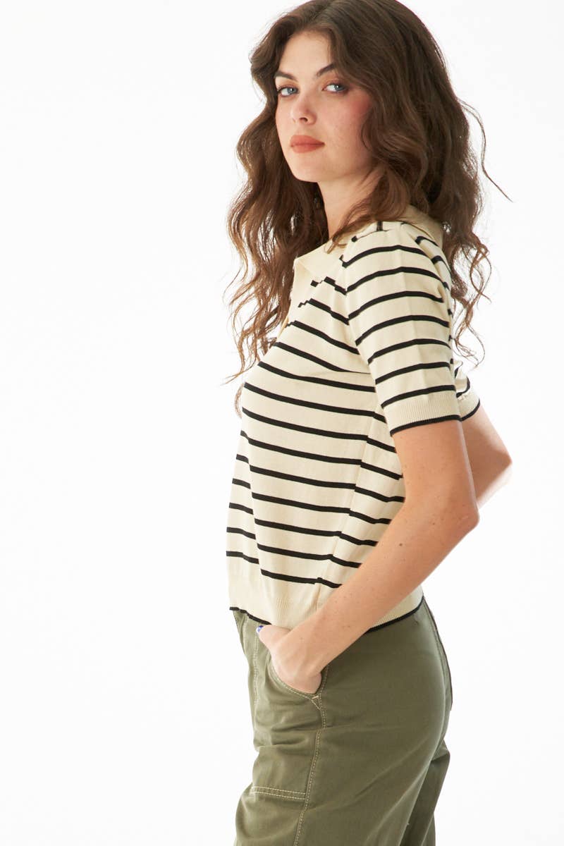 Striped Collared Short Sleeve Knit Top