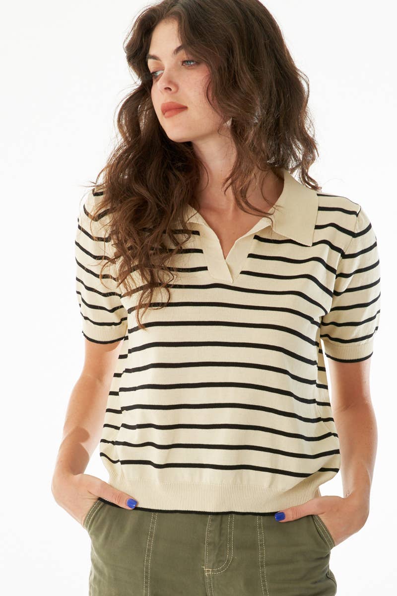 Striped Collared Short Sleeve Knit Top