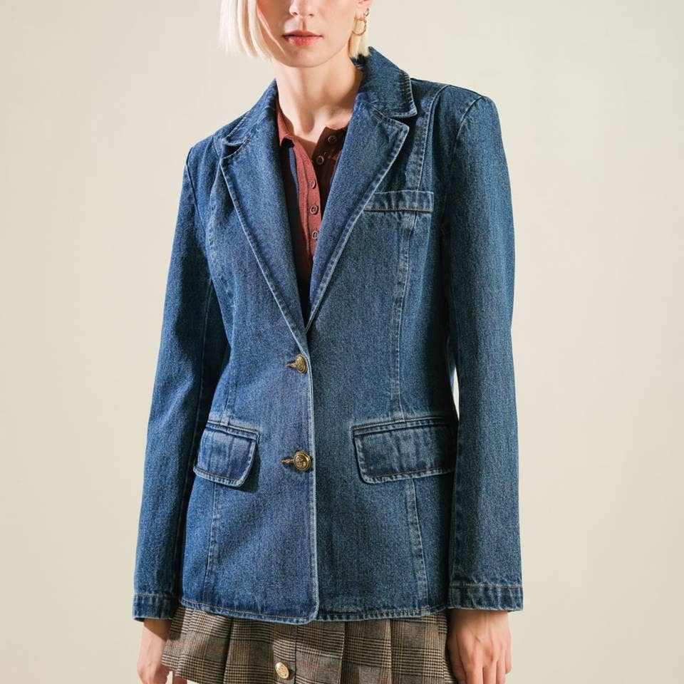 A Washed Denim Blazer Jackets