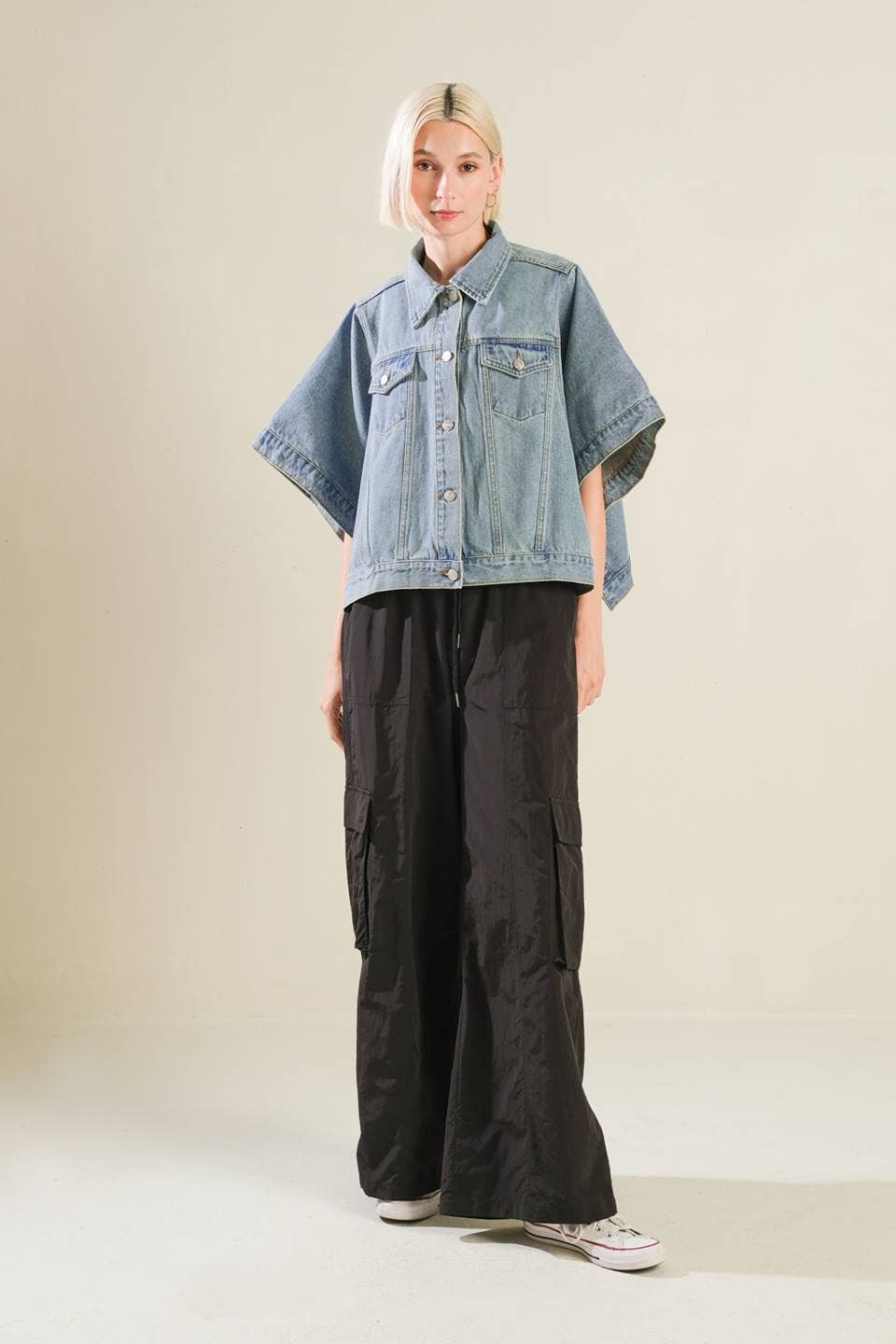 A Washed Denim Cropped Bat Wing Jacket Jackets