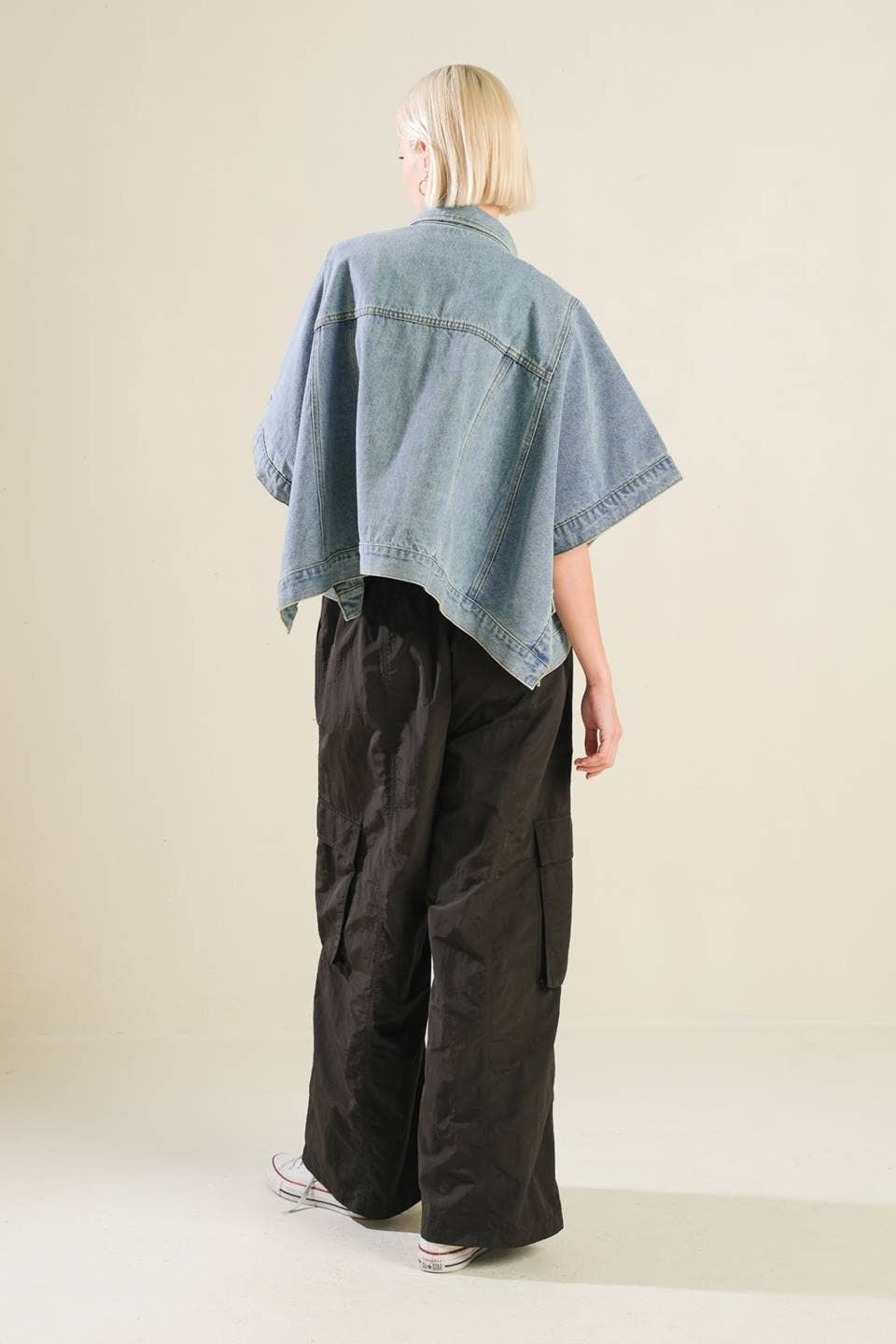 A Washed Denim Cropped Bat Wing Jacket Jackets