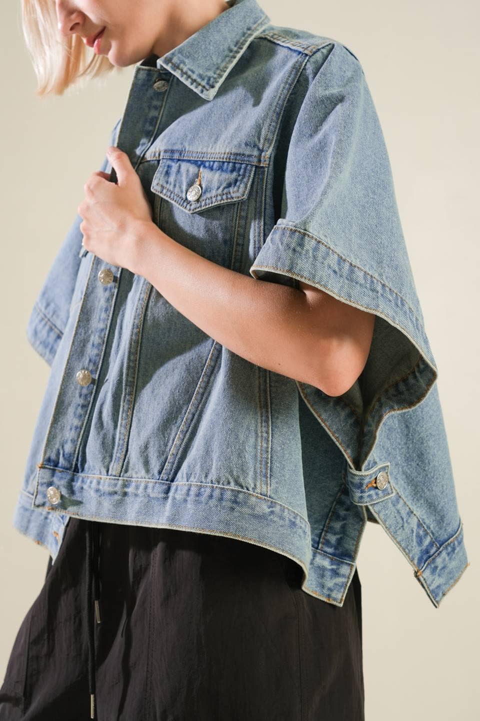 A Washed Denim Cropped Bat Wing Jacket Jackets