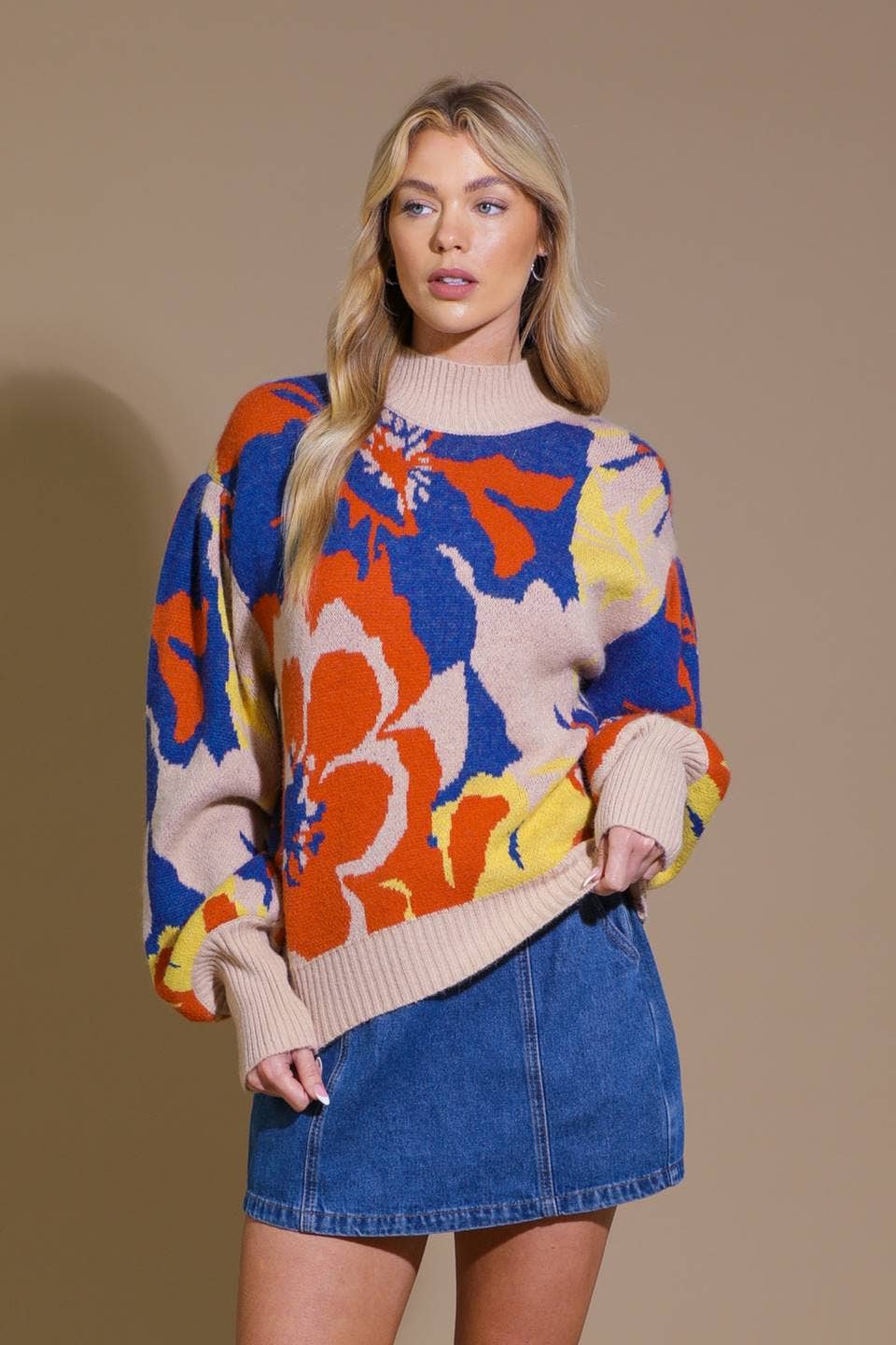 Abstract Floral Print Sweater Tops