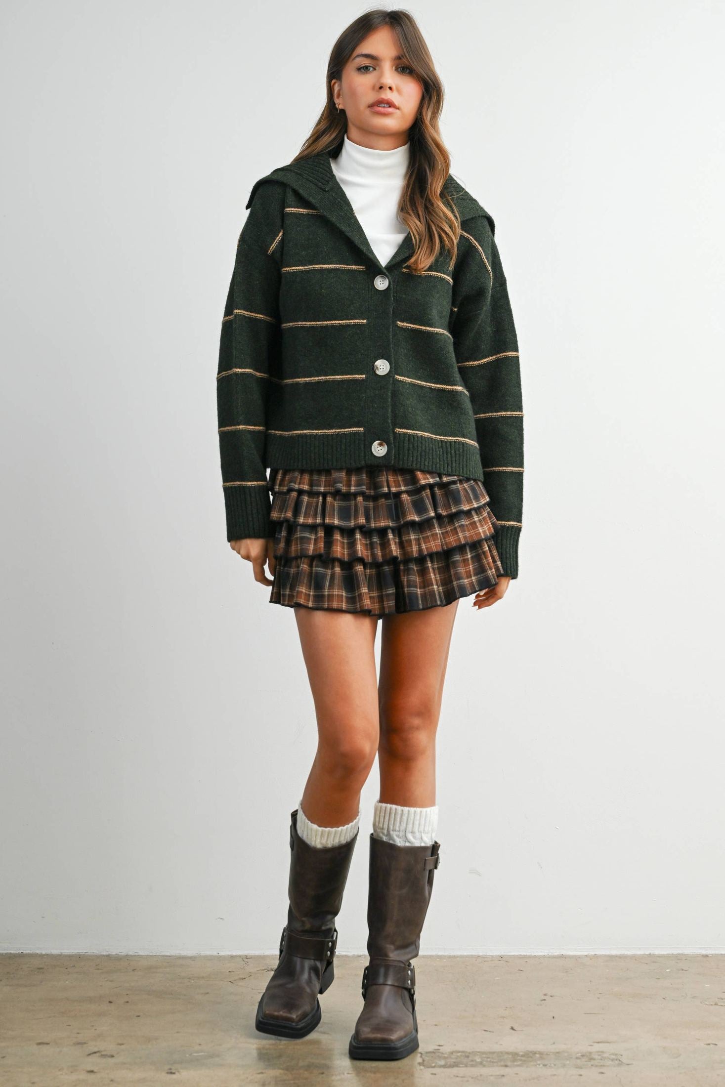 BUTTERMELON - Button-Up Striped Collared Long Sleeve Top - BMC7883 