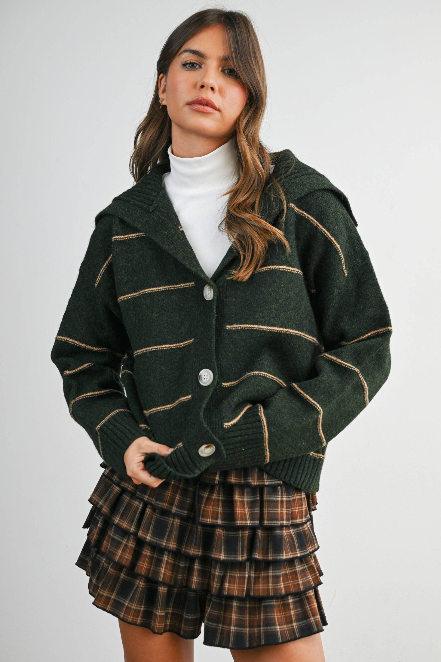 BUTTERMELON - Button-Up Striped Collared Long Sleeve Top - BMC7883 