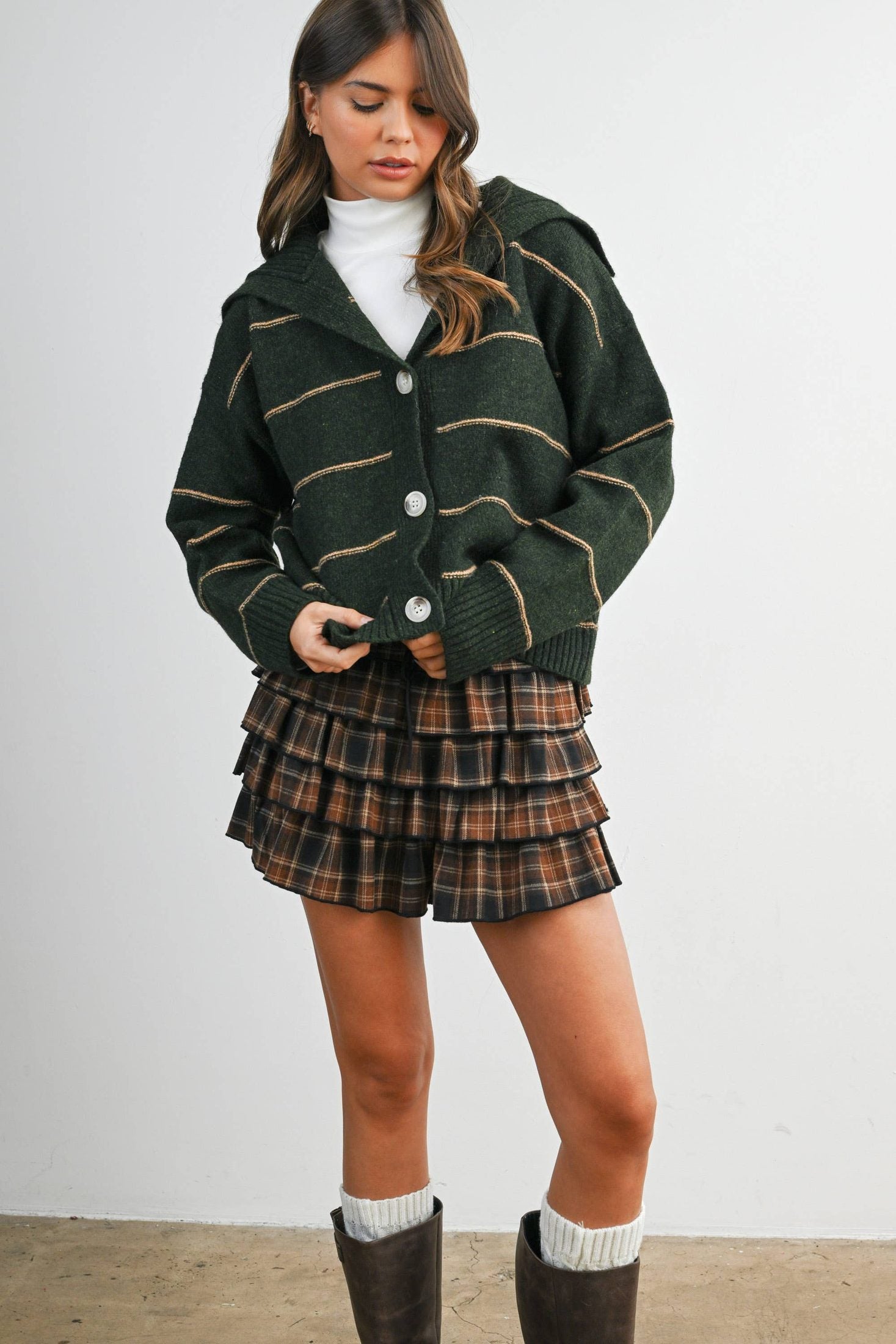 BUTTERMELON - Button-Up Striped Collared Long Sleeve Top - BMC7883 