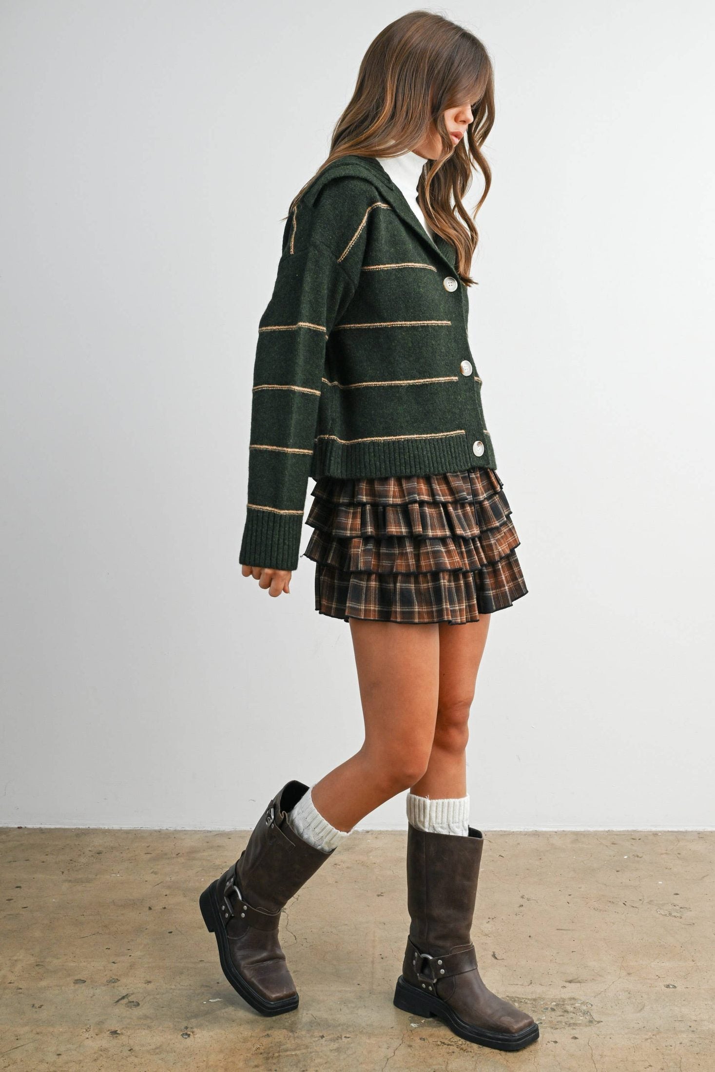 BUTTERMELON - Button-Up Striped Collared Long Sleeve Top - BMC7883 