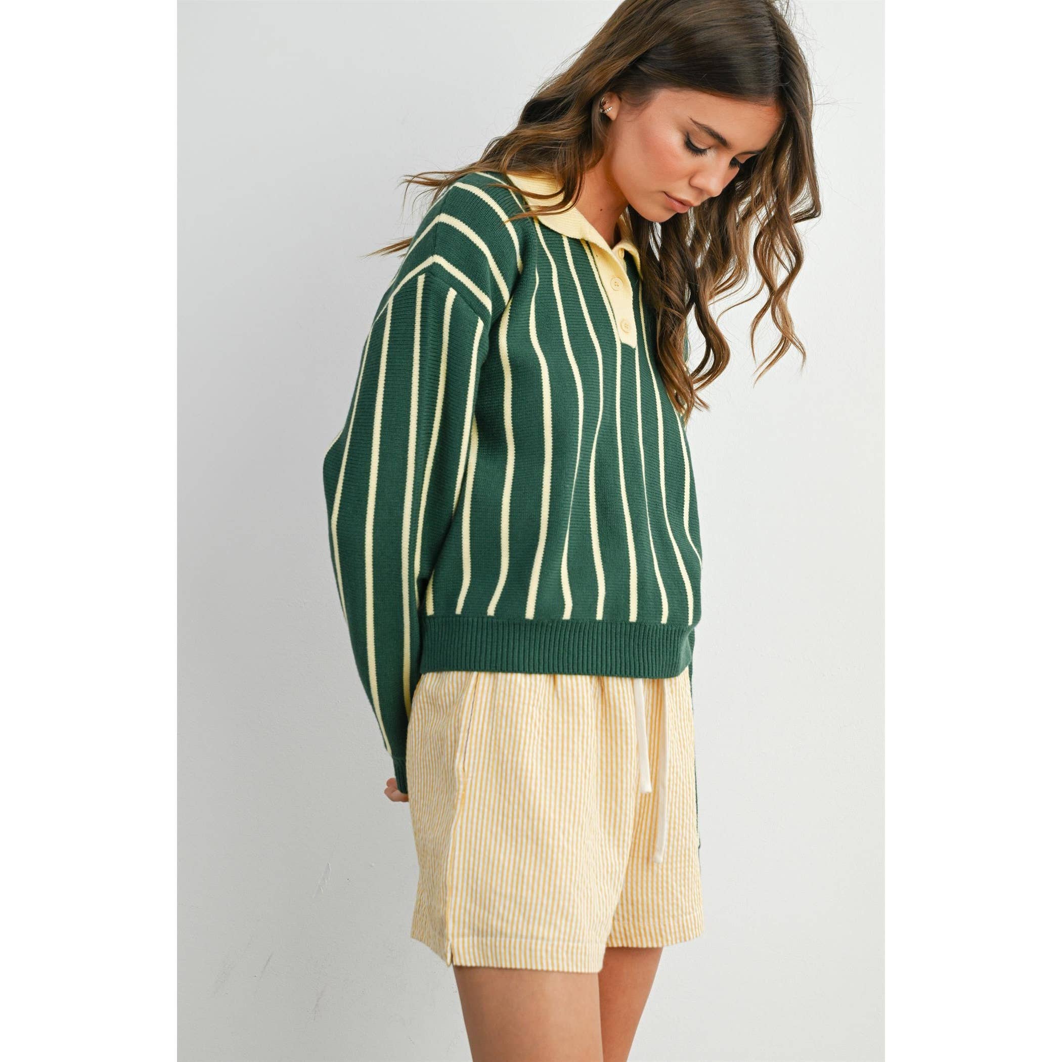 BUTTERMELON - Collared Striped Polo Sweater - BMW8005 