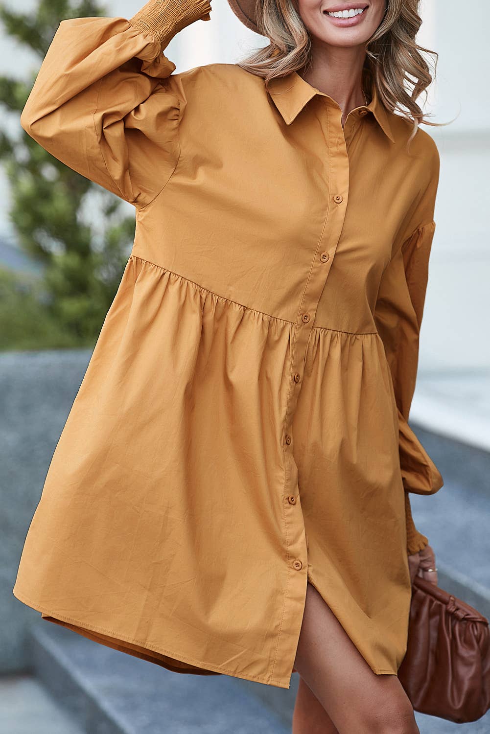 Bishop Sleeve Shirt Dress- Light French Beige Dresses + Jumpsuits