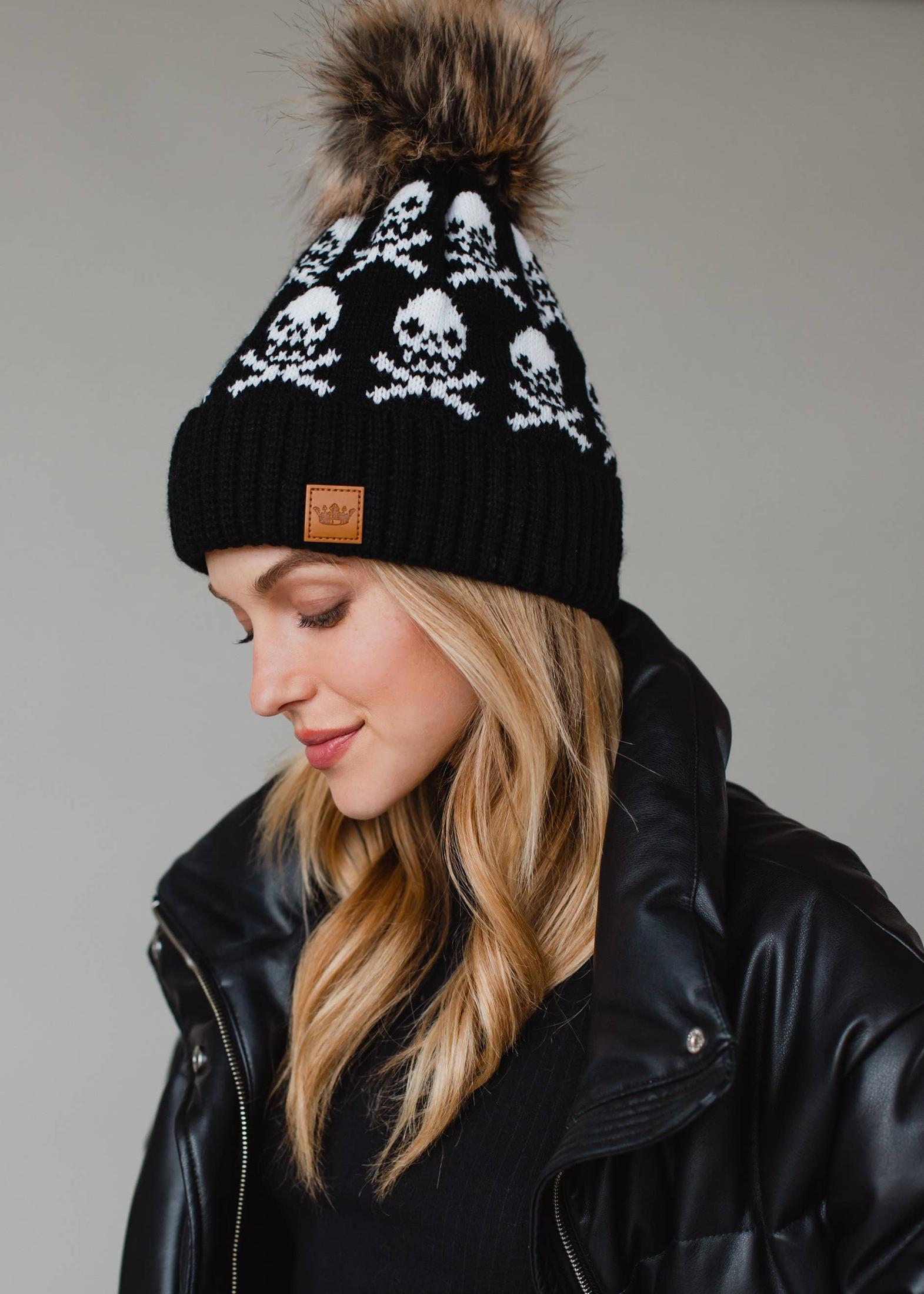 Black Skull Pattern Pom Hat Hats + Bandanas