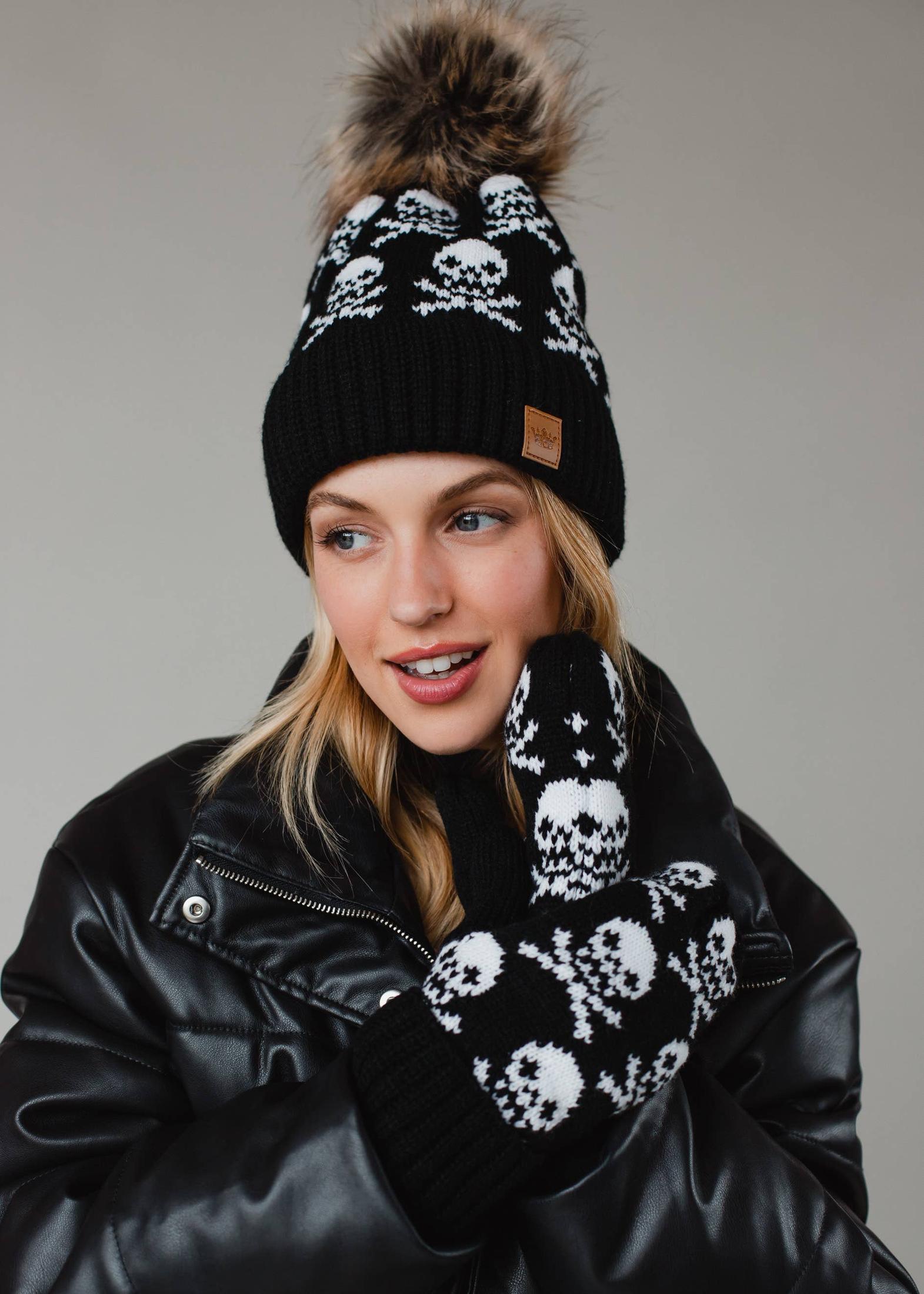 Black Skull Pattern Pom Hat Hats + Bandanas