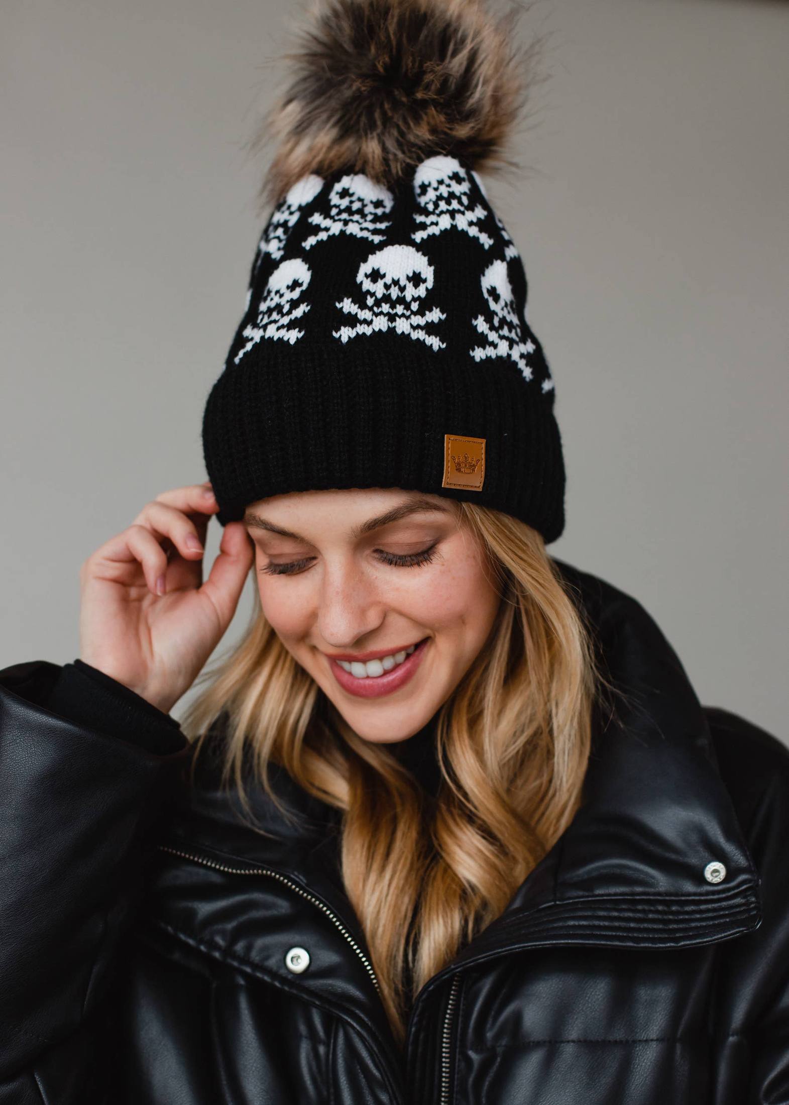 Black Skull Pattern Pom Hat Hats + Bandanas