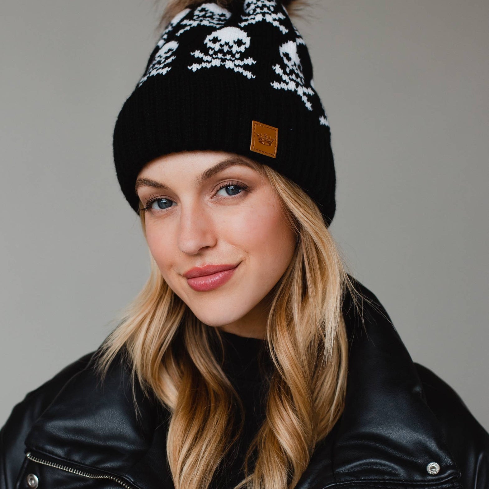 Black Skull Pattern Pom Hat Hats + Bandanas