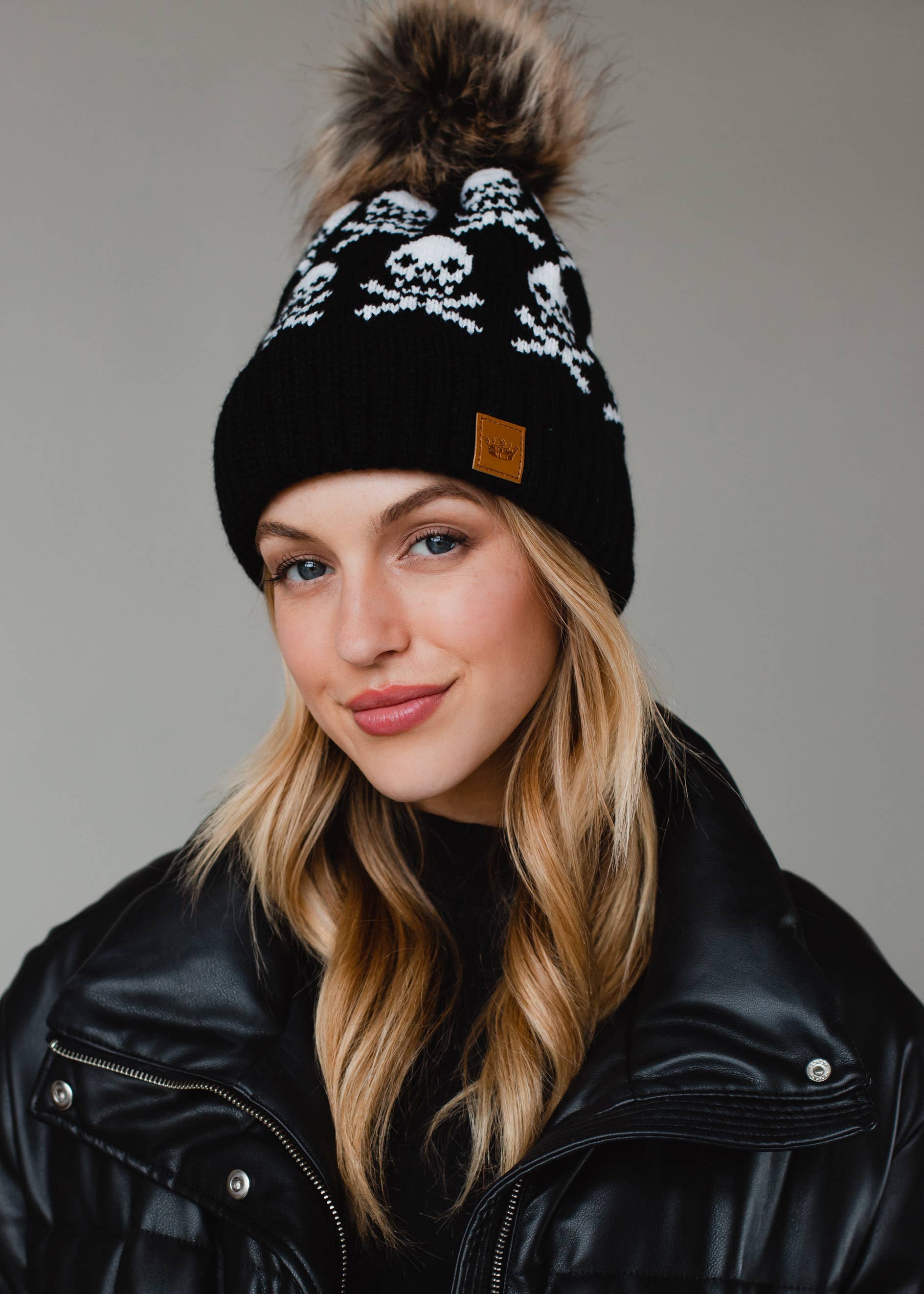 Black Skull Pattern Pom Hat Hats + Bandanas