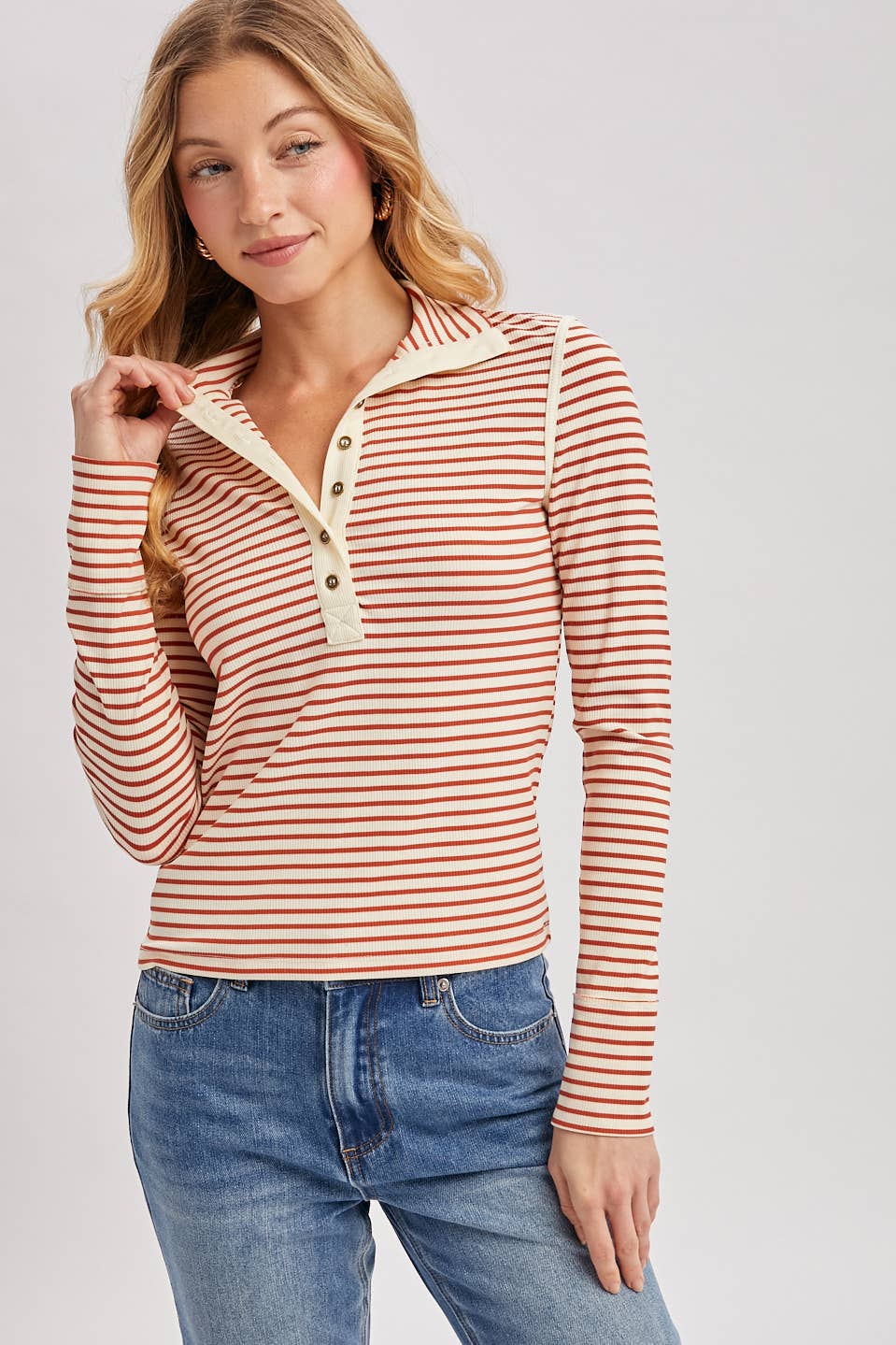 Bluivy - STRIPED BUTTON DOWN HENLEY KNIT TOP 