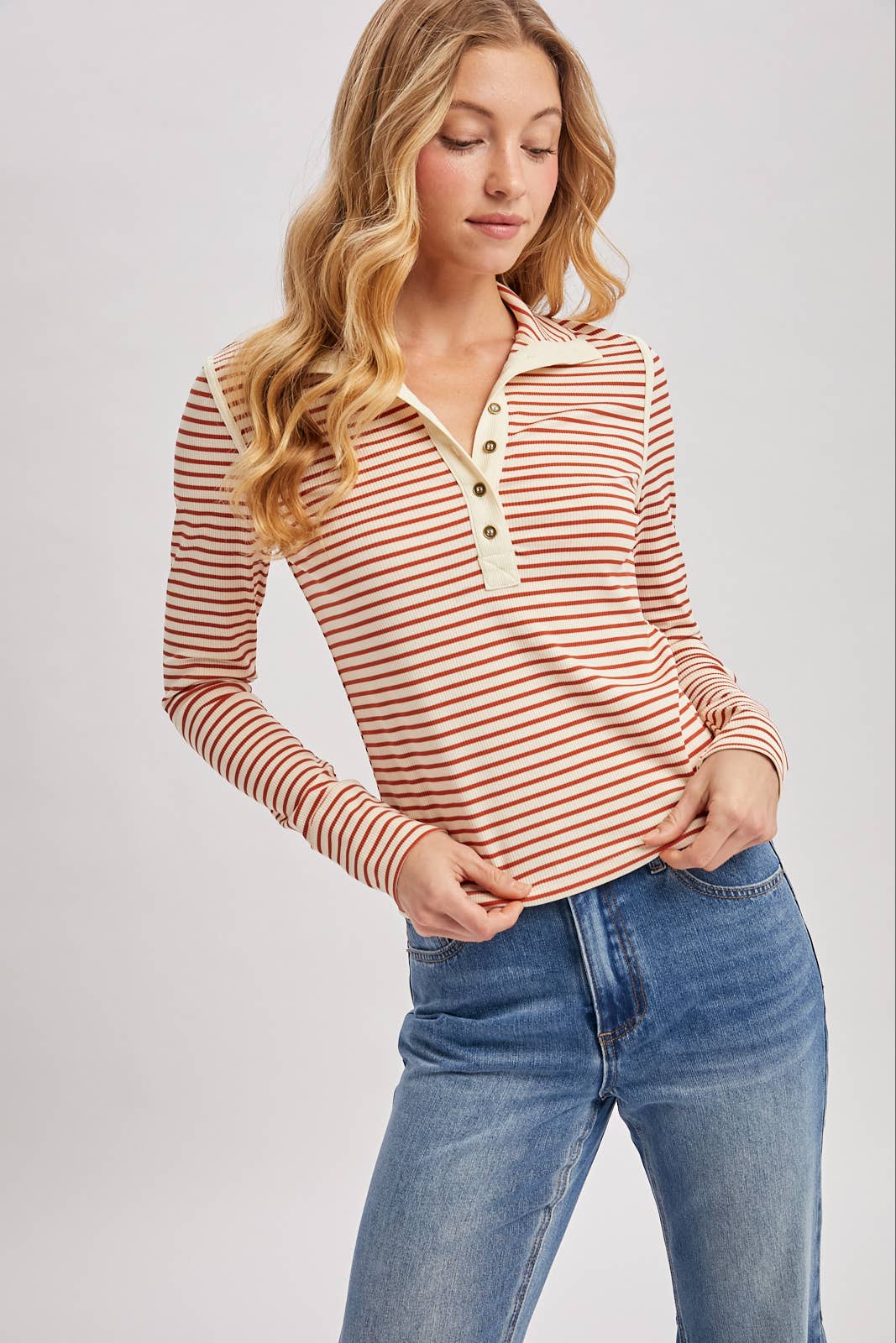 Bluivy - STRIPED BUTTON DOWN HENLEY KNIT TOP 