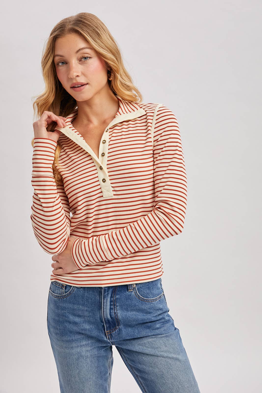 Bluivy - STRIPED BUTTON DOWN HENLEY KNIT TOP 