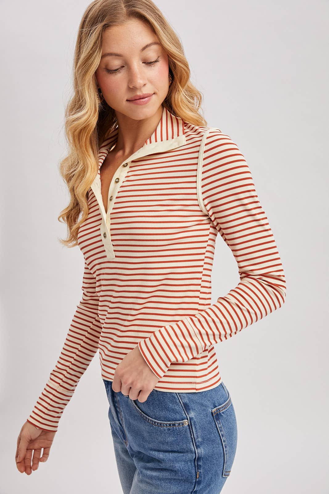 Bluivy - STRIPED BUTTON DOWN HENLEY KNIT TOP 