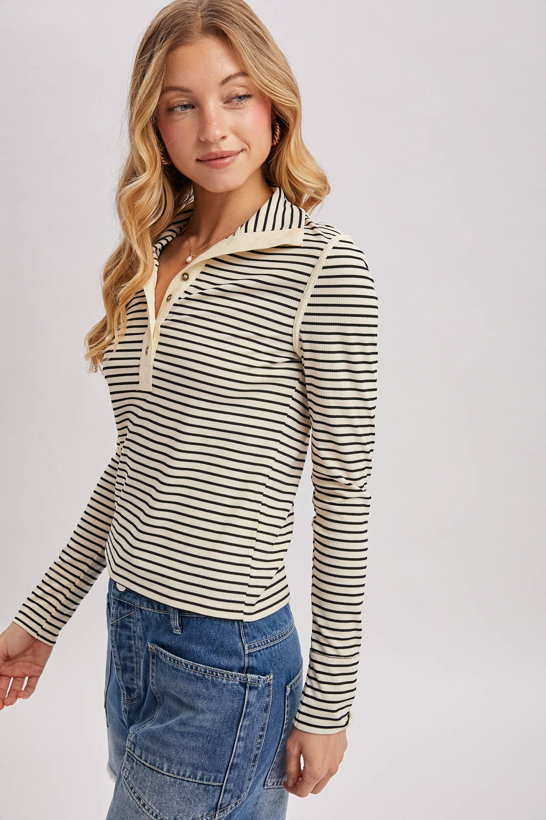 Bluivy - STRIPED BUTTON DOWN HENLEY KNIT TOP 