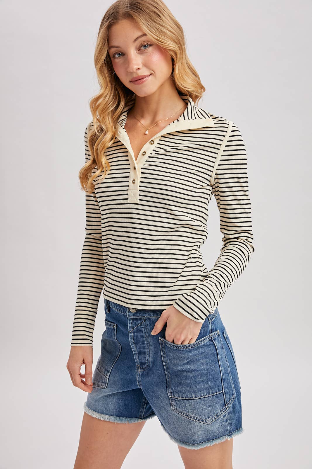 Bluivy - STRIPED BUTTON DOWN HENLEY KNIT TOP 
