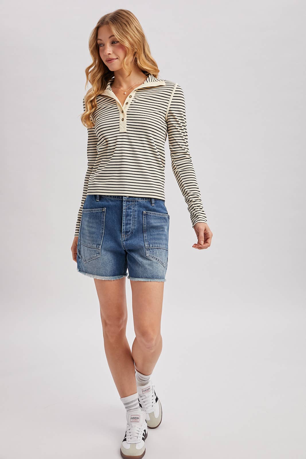 Bluivy - STRIPED BUTTON DOWN HENLEY KNIT TOP 