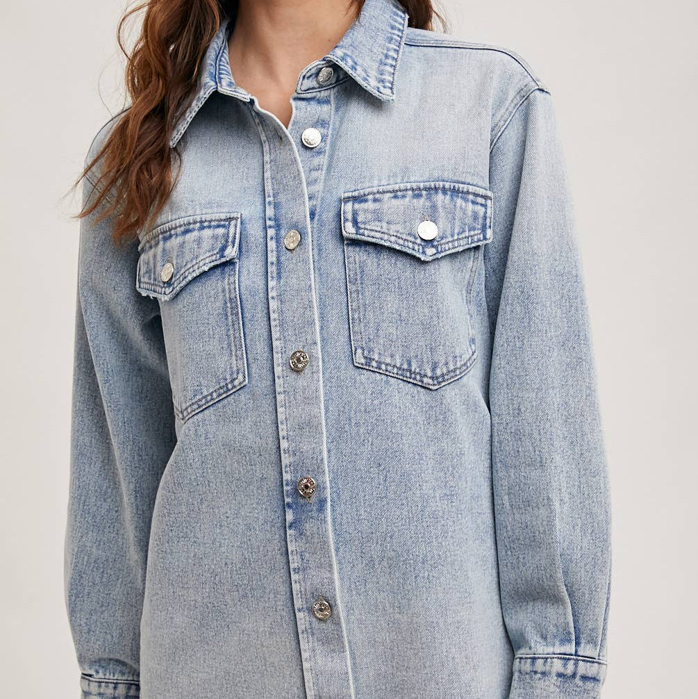 Bluivy - WASHED DENIM BUTTON DOWN SHIRT JACKET 