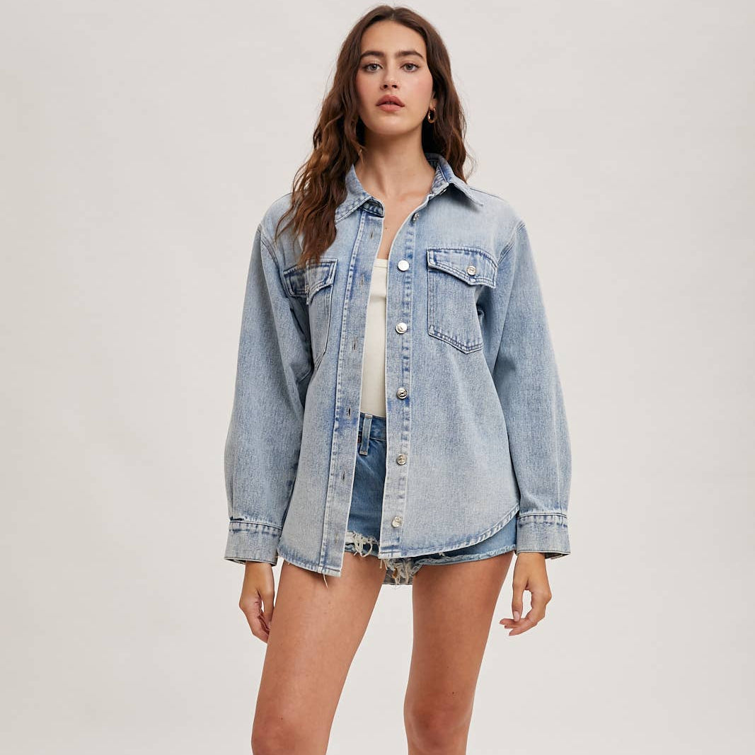 Bluivy - WASHED DENIM BUTTON DOWN SHIRT JACKET 