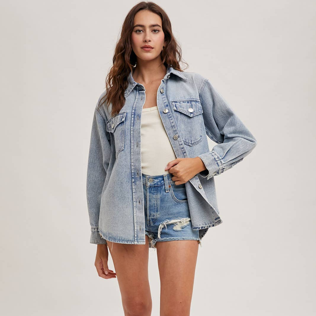 Bluivy - WASHED DENIM BUTTON DOWN SHIRT JACKET 