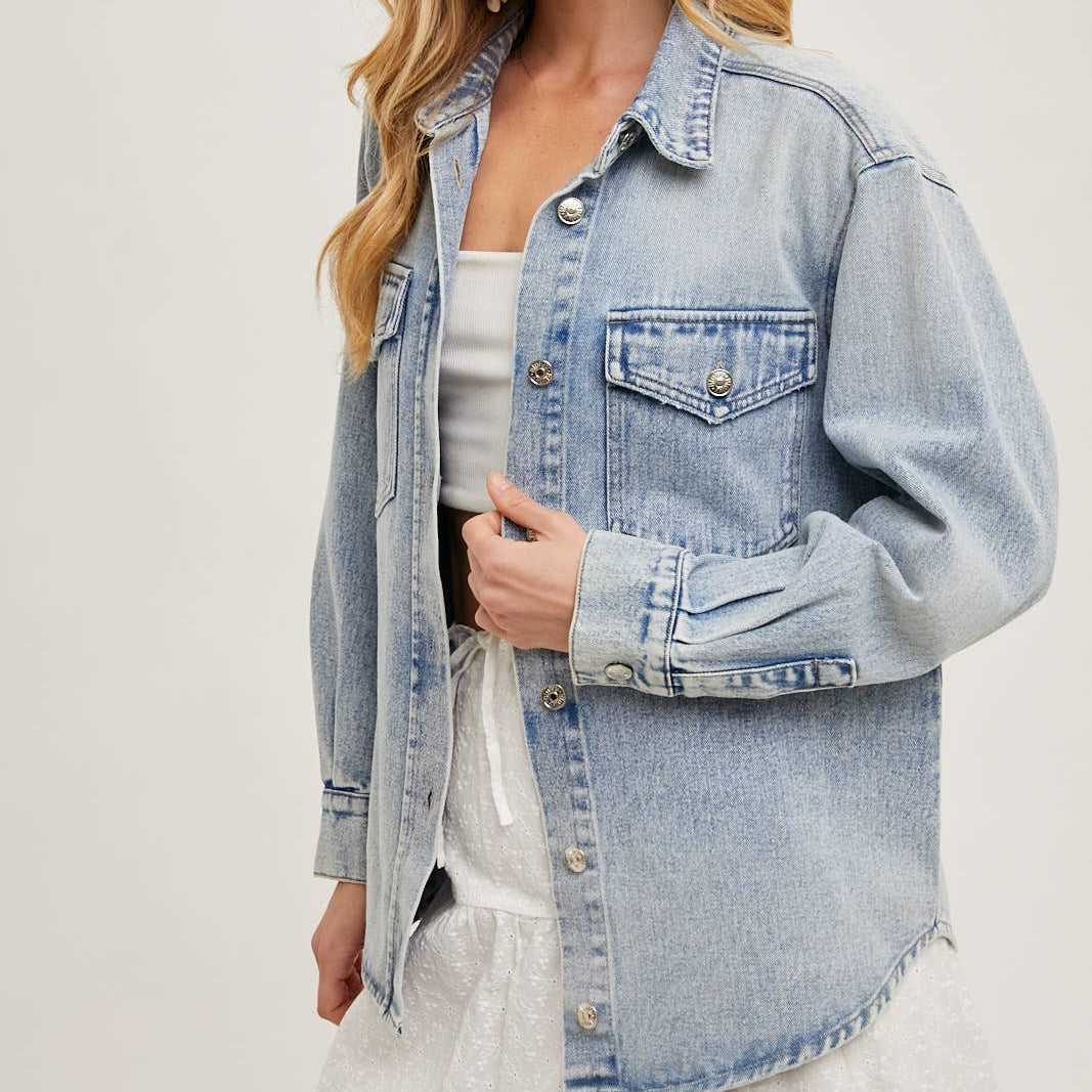 Bluivy - WASHED DENIM BUTTON DOWN SHIRT JACKET 