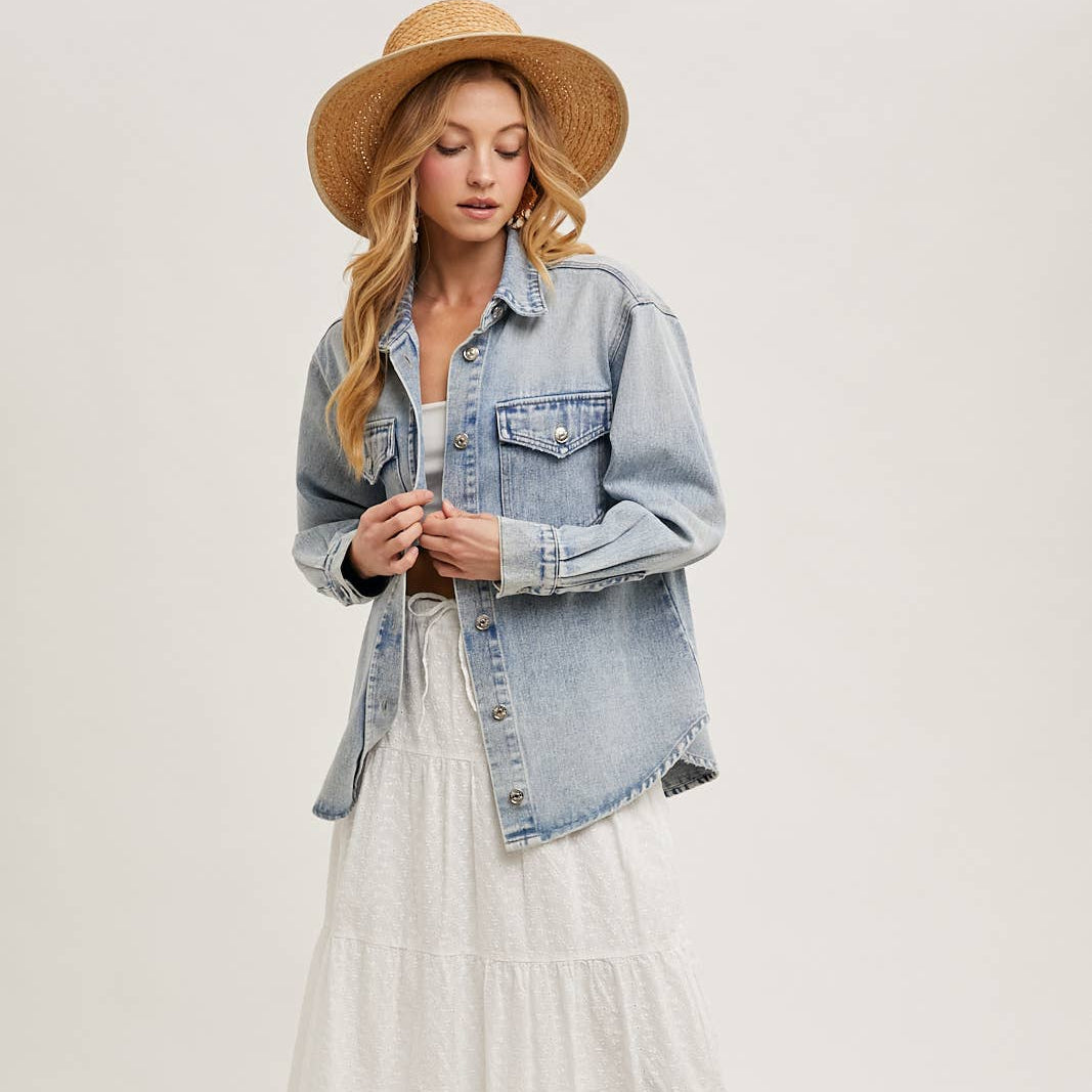 Bluivy - WASHED DENIM BUTTON DOWN SHIRT JACKET 