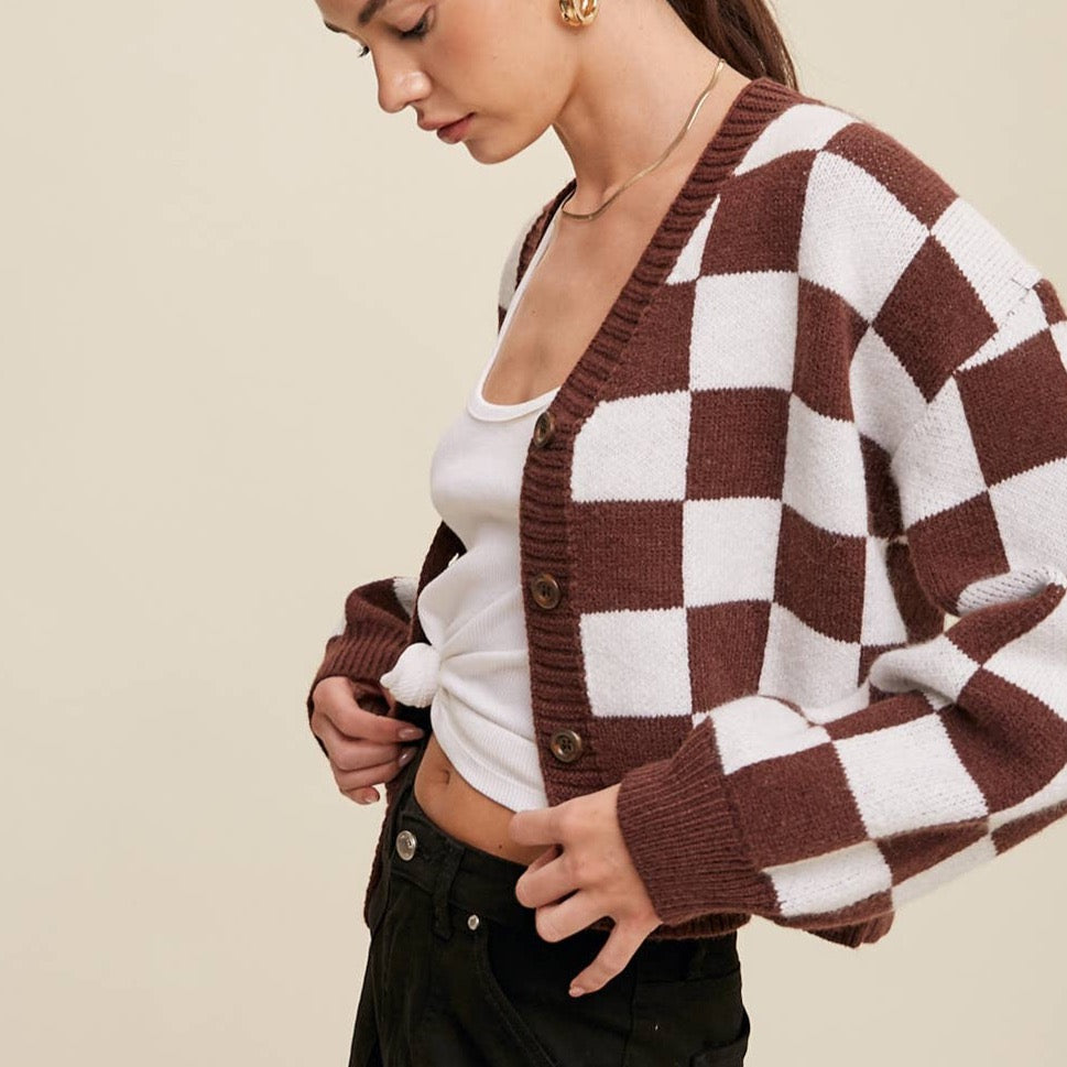 Bold Gingham Sweater Weaved Crop Cardigan Tops