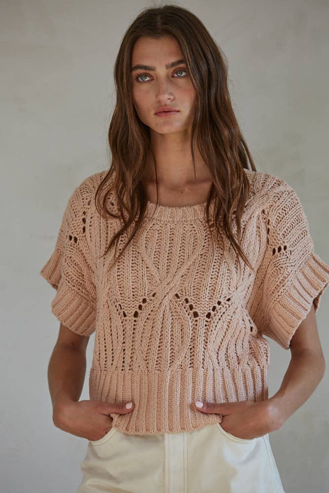 By Together - W1124 | Knit Sweater Crochet Round Neck Short Sleeve Top 