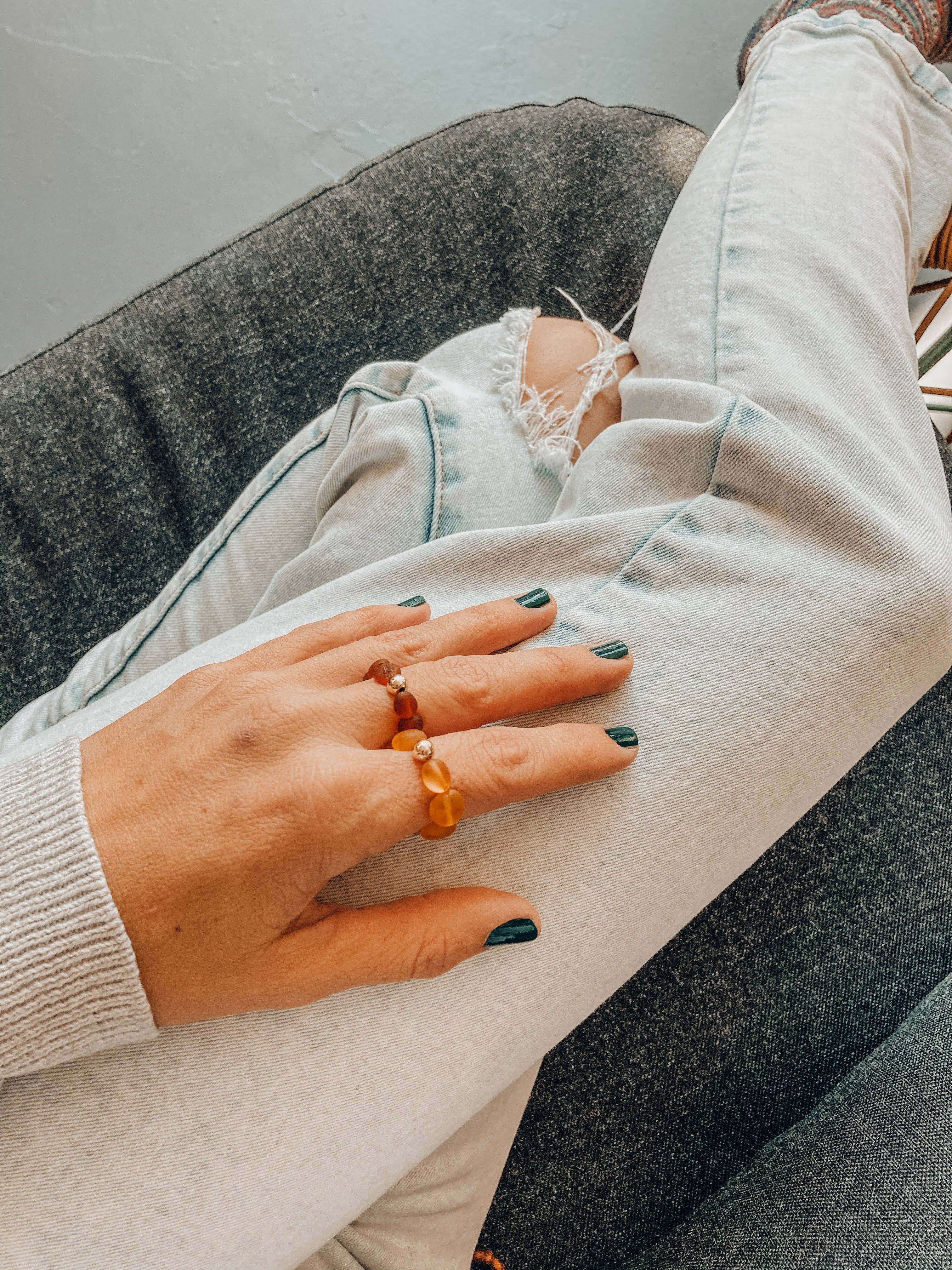 CanyonLeaf - Raw Cognac Baltic Sea Amber + 14K Gold Filled Beaded Ring 