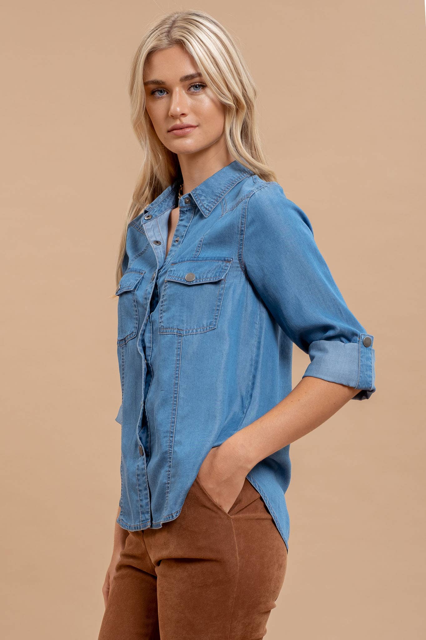 Chambray Collared 3/4 Tab Sleeve Button Down Shirt Tops