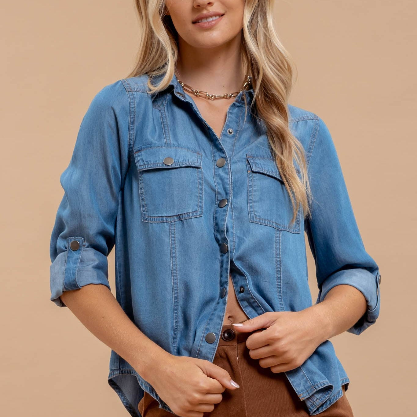 Chambray Collared 3/4 Tab Sleeve Button Down Shirt Tops