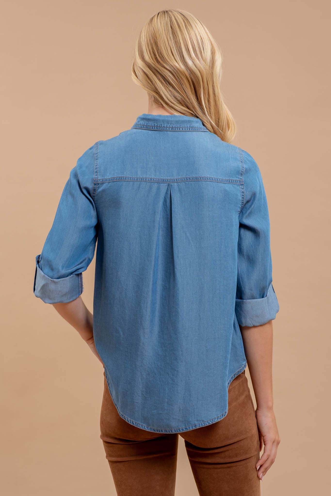 Chambray Collared 3/4 Tab Sleeve Button Down Shirt Tops