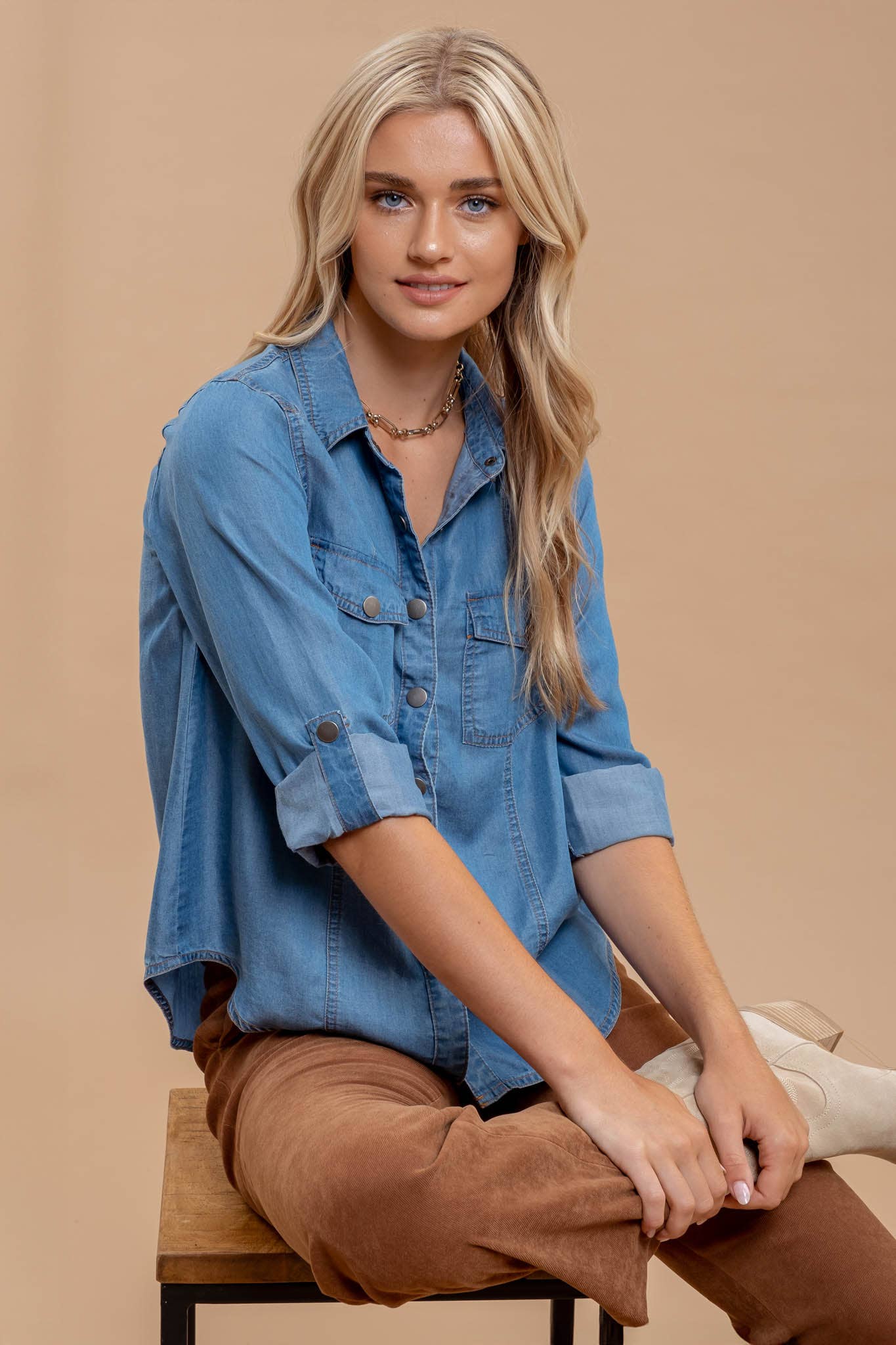 Chambray Collared 3/4 Tab Sleeve Button Down Shirt Tops