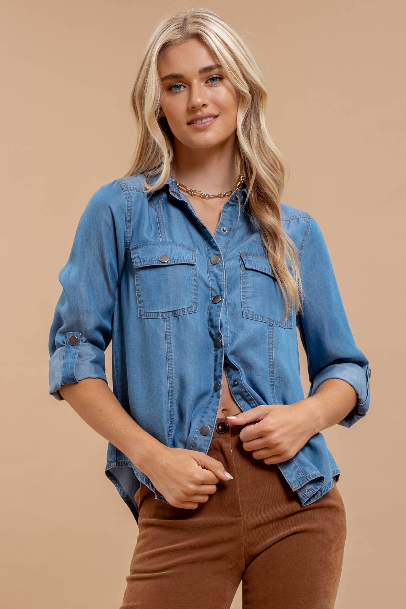 Chambray Collared 3/4 Tab Sleeve Button Down Shirt Tops