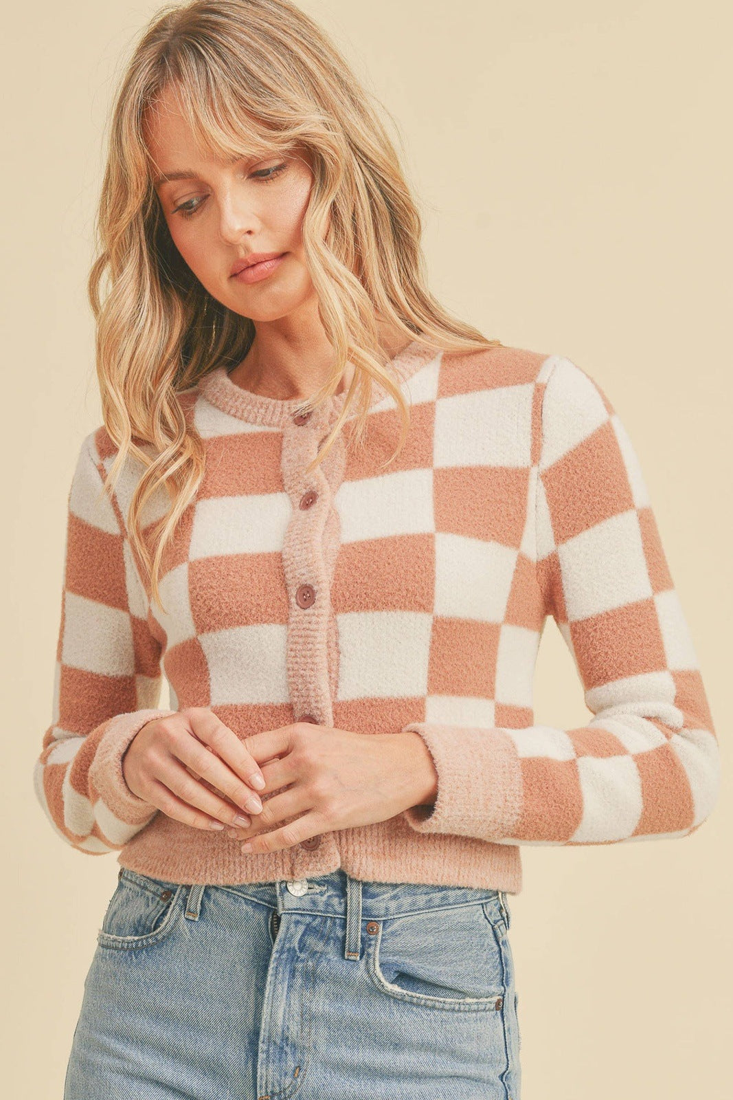 Checkerboard Button Sweater Tops