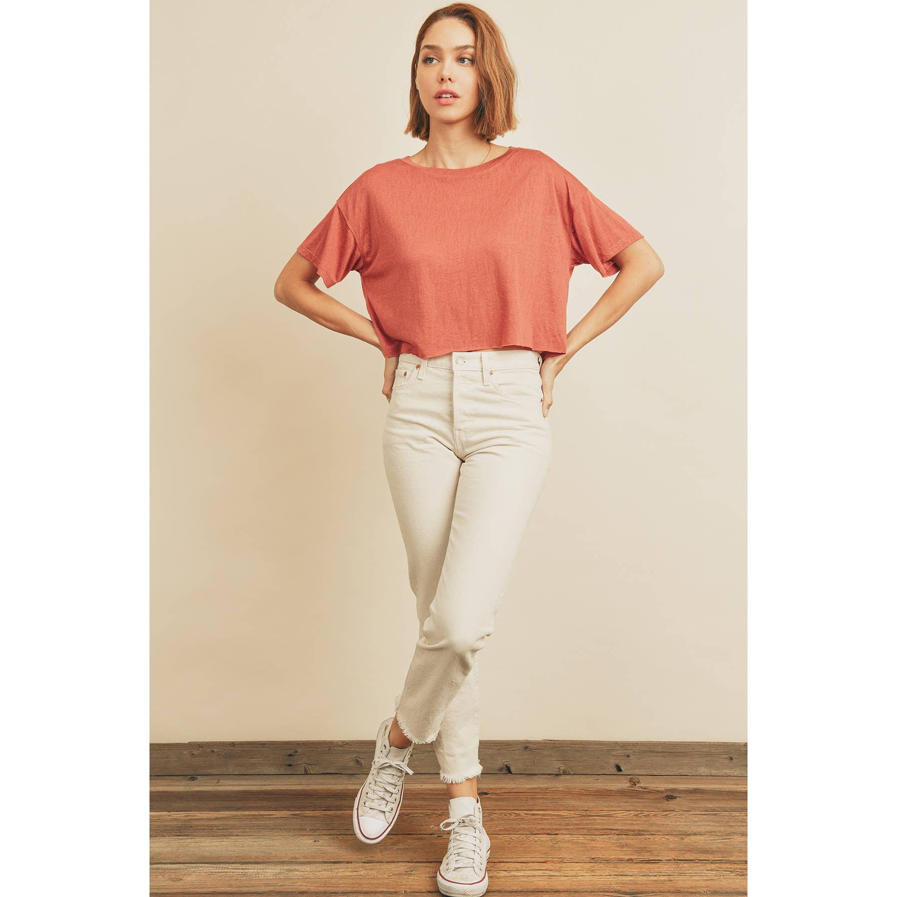 Cropped Raw Hem Tee Tops