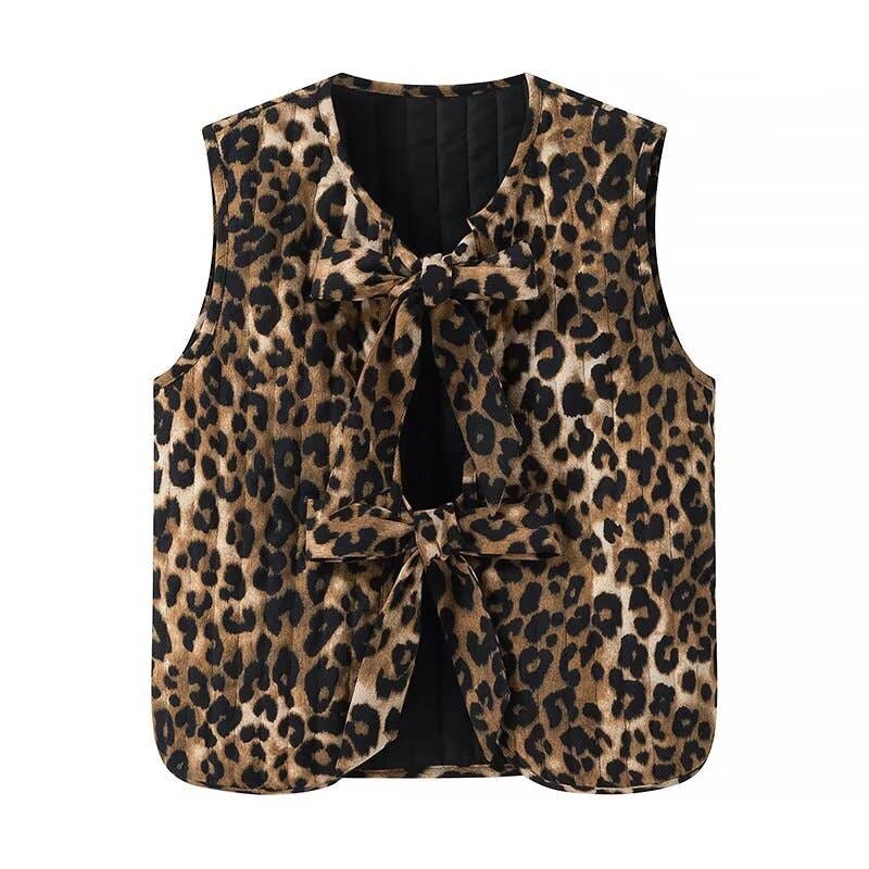 Dipped Shop - Corduroy Leopard Bow Casual Padded Vest DPT251511 