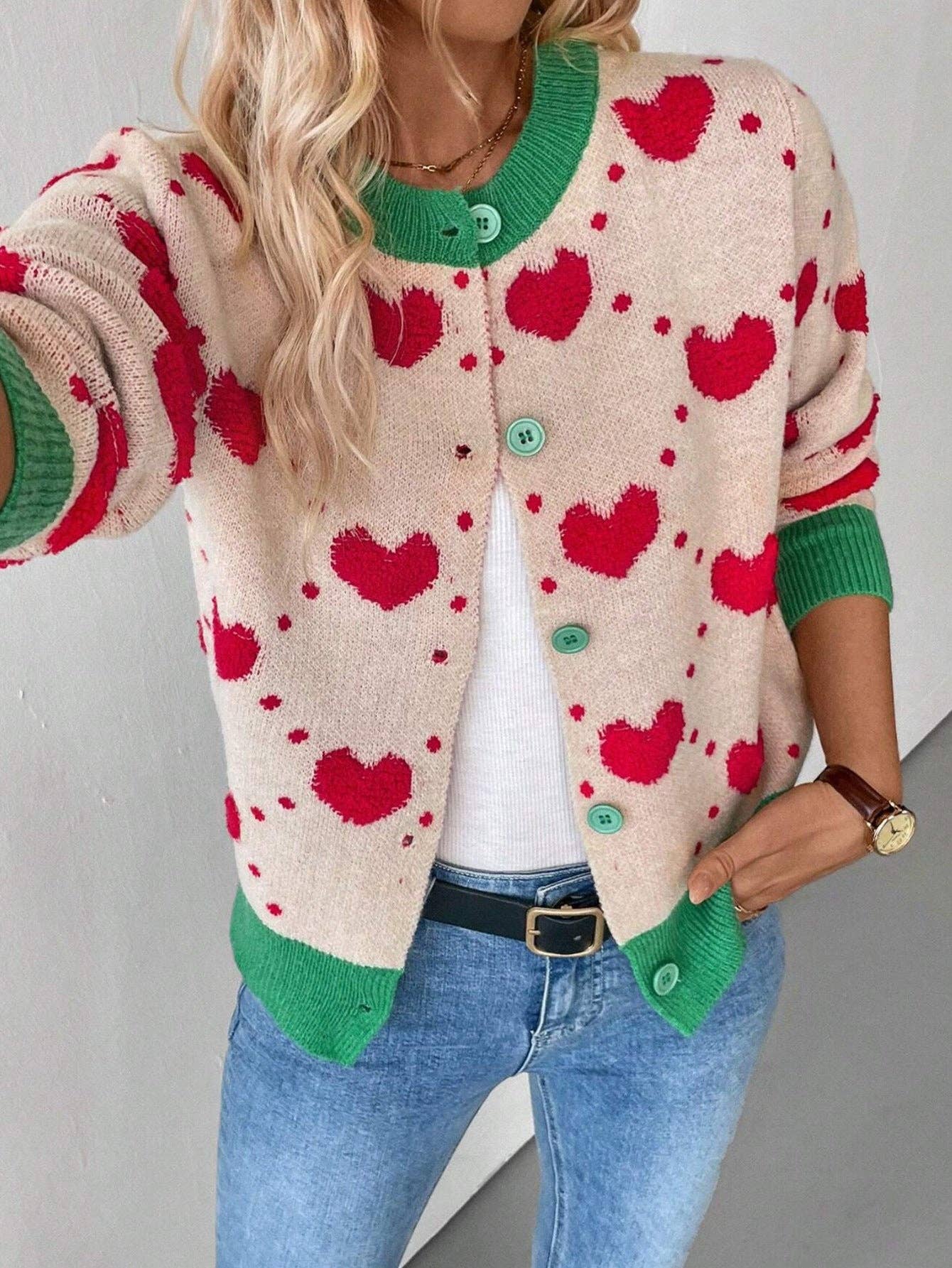 EmberLoom - Valentine Day Heart Crochet Color Block Cardigan 