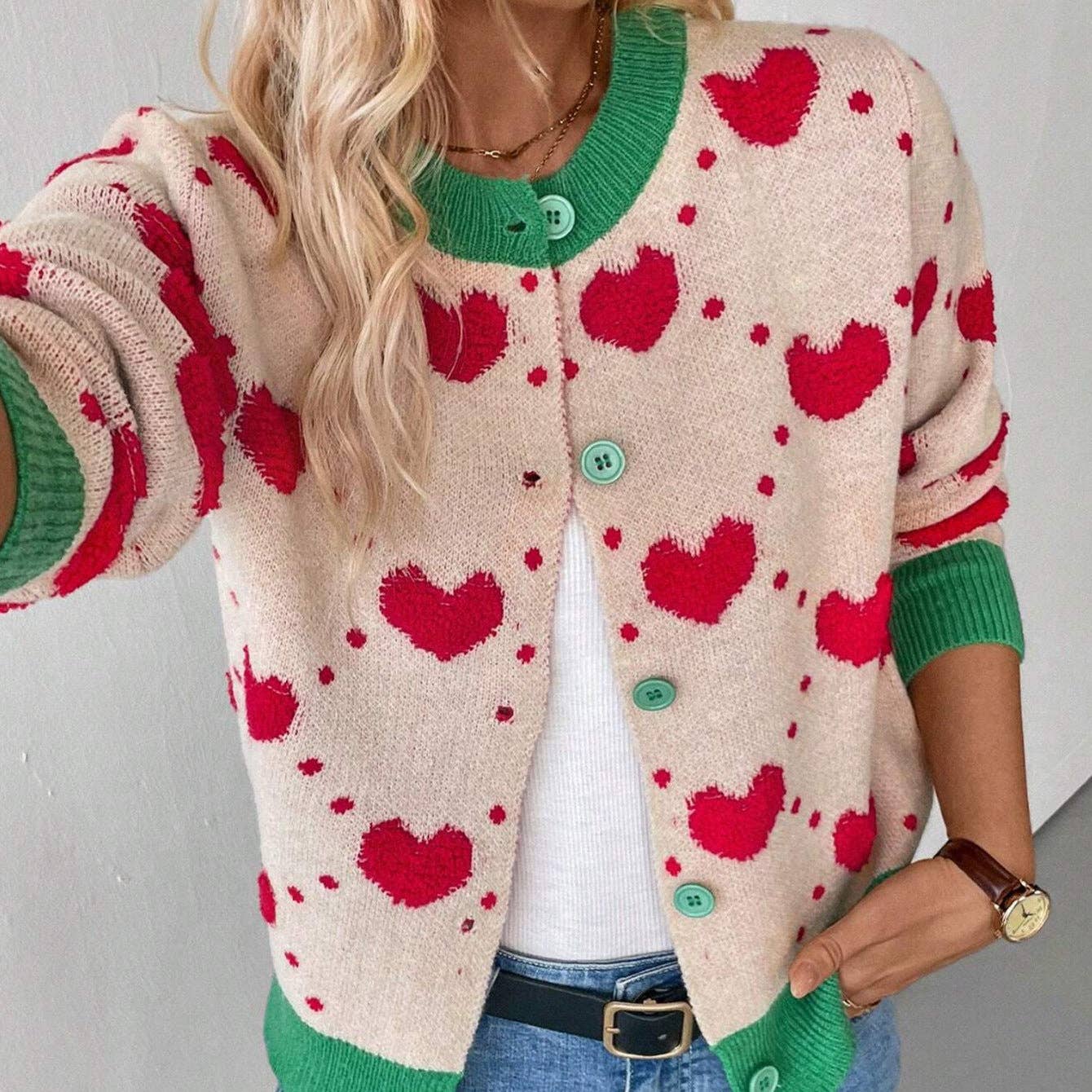 EmberLoom - Valentine Day Heart Crochet Color Block Cardigan 