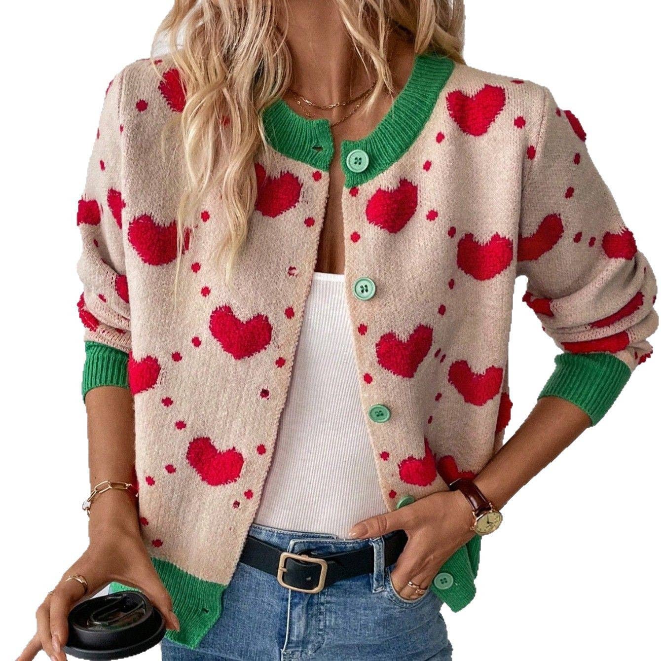 EmberLoom - Valentine Day Heart Crochet Color Block Cardigan 