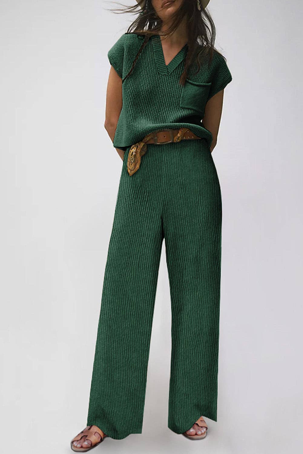 Emerald Green Ribbed Sweater and Pants Set Tops