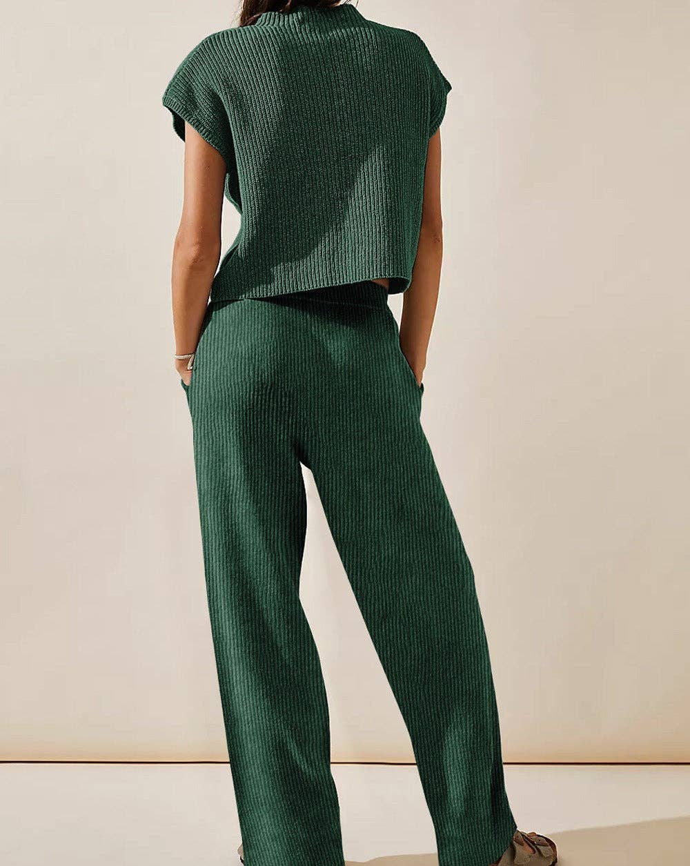 Emerald Green Ribbed Sweater and Pants Set Tops