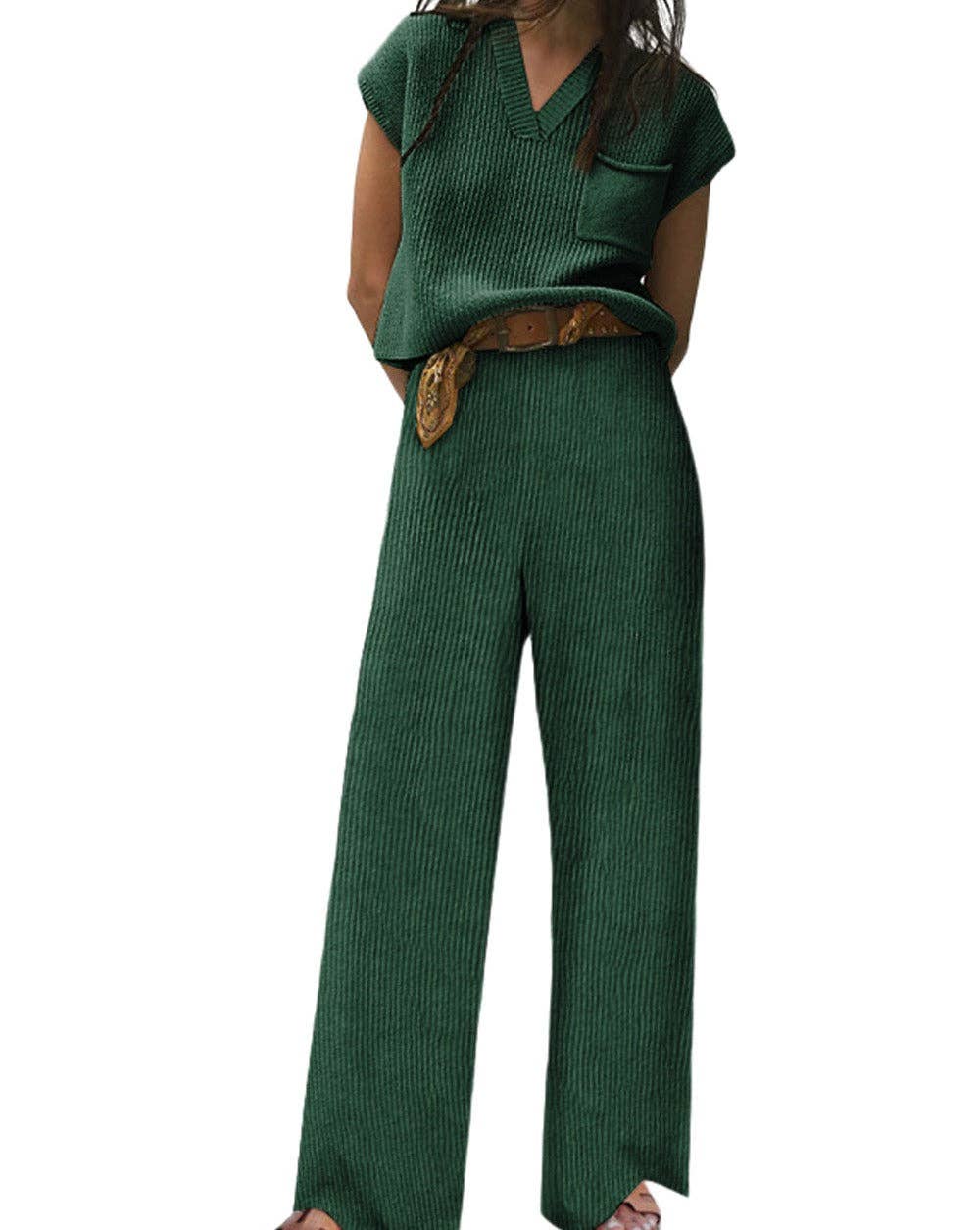 Emerald Green Ribbed Sweater and Pants Set Tops