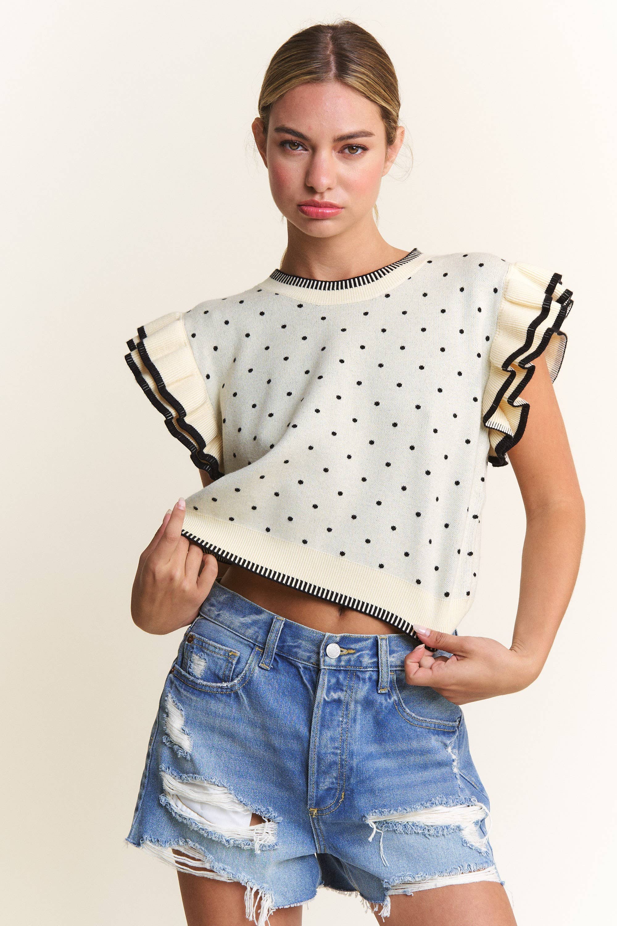 Ivory Polka Dot Sweater Top Tops