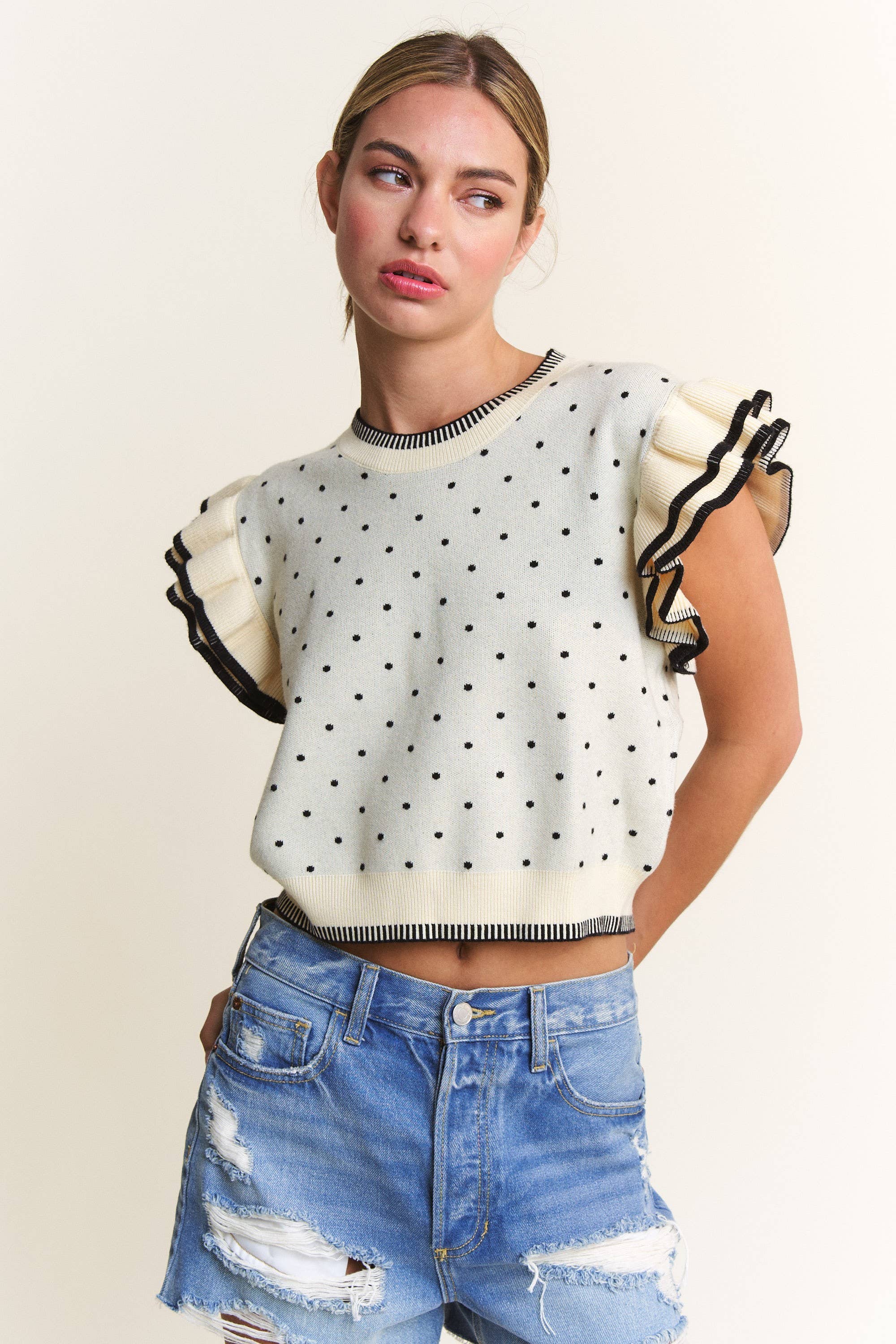 Ivory Polka Dot Sweater Top Tops